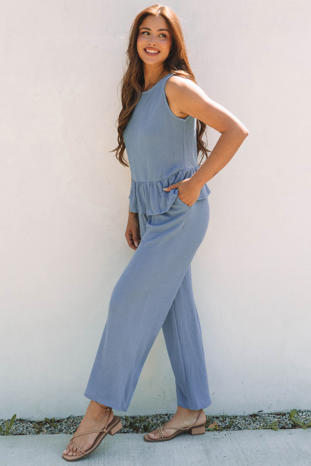 Ribbed Ruffle Hem Tank Top & Pants Set