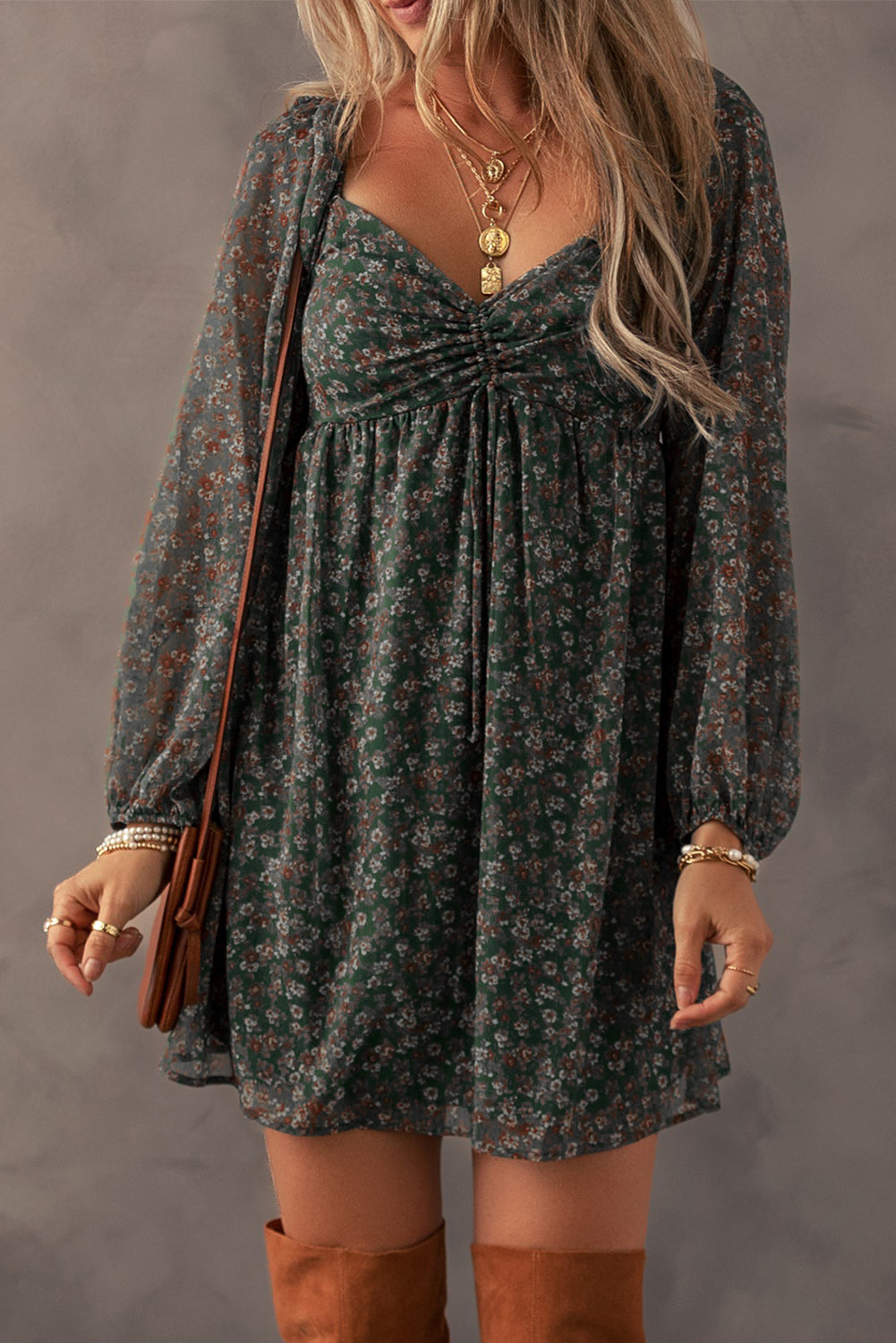 Floral Print Sweetheart Neck Ruched Bust Shirred Back Bubble Sleeve Mini Dress