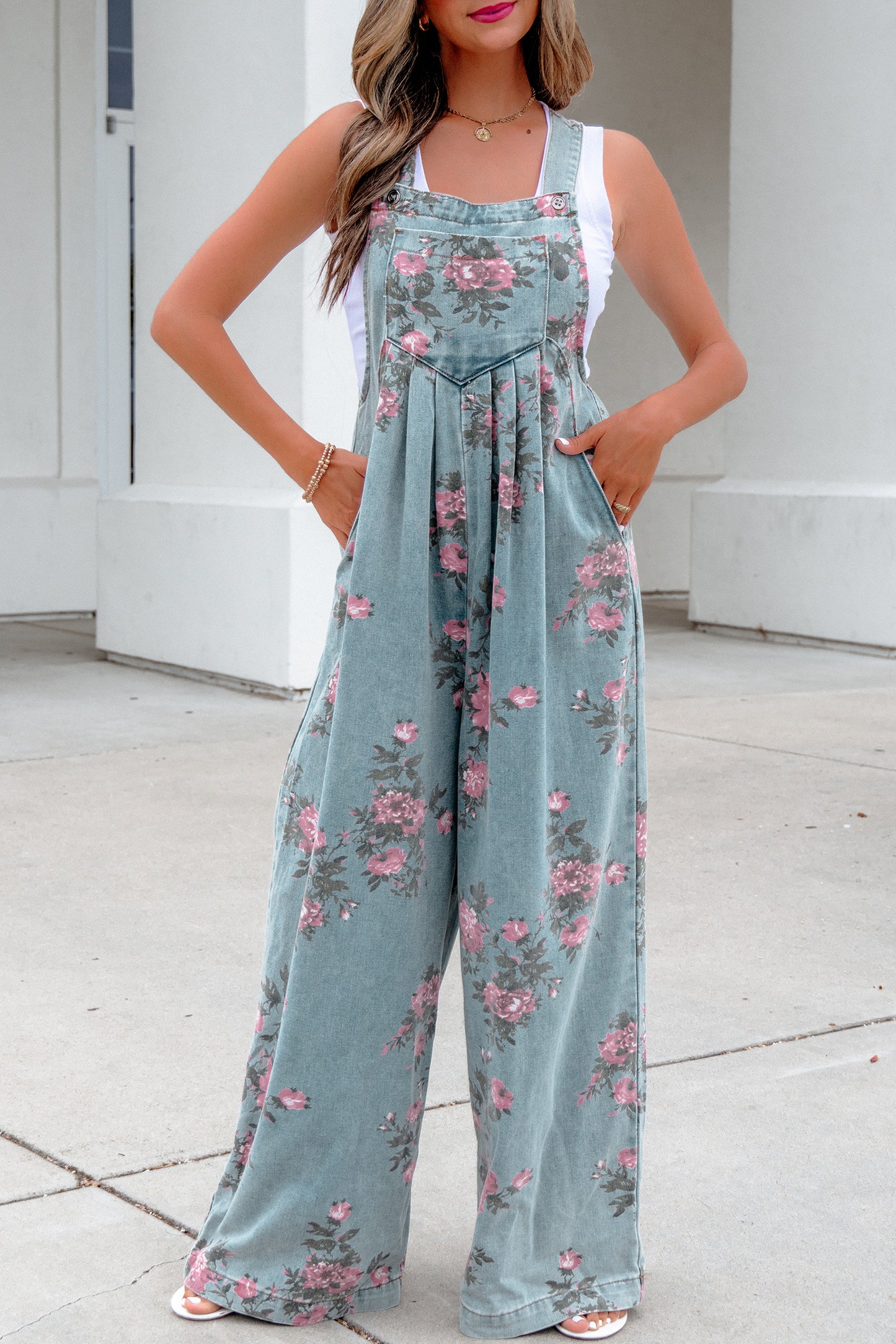 Floral Denim Wide Leg Jumpsuit Women S–XL
