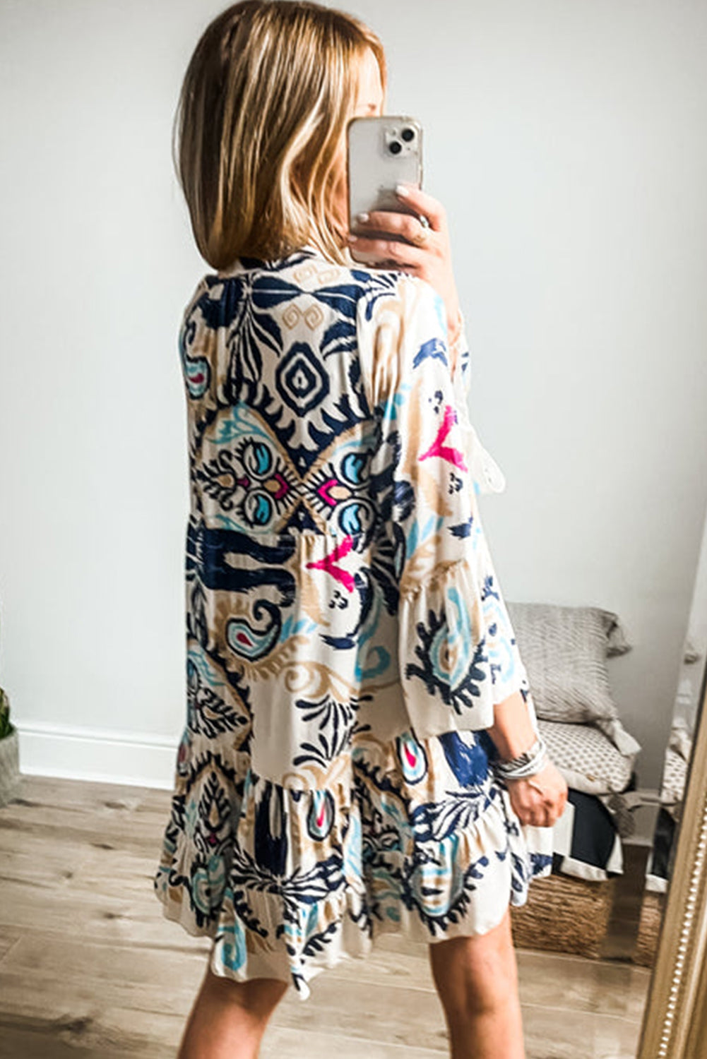 White Tribal Print Bracelet Sleeve Buttoned Mini Dress | S–XL