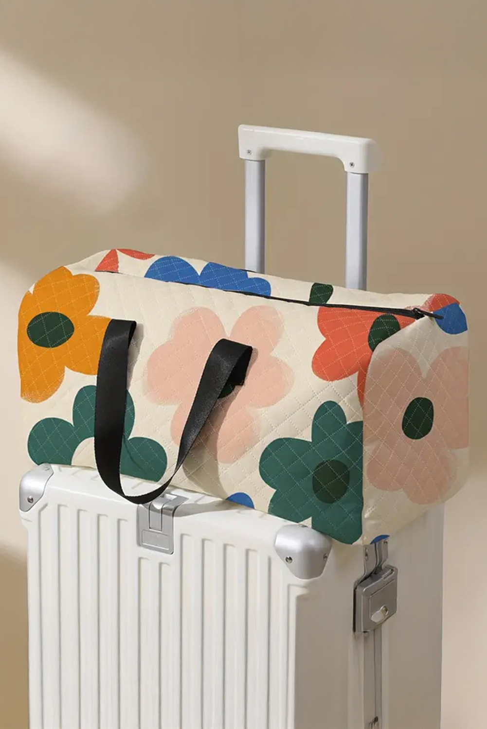 Flower Print Quilted Large Duffel Bag | White