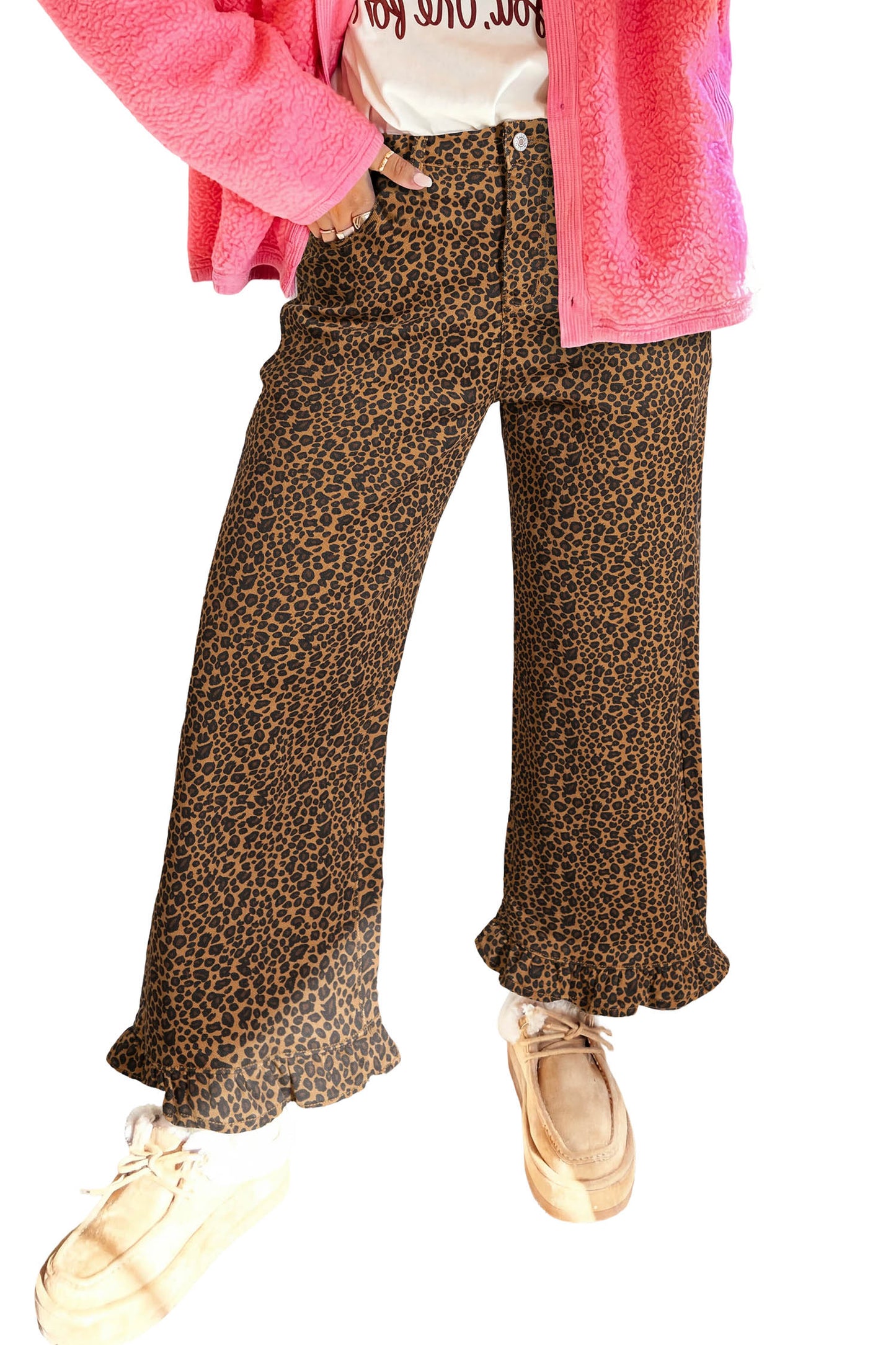 Womens Leopard Print Ruffled Hem Flare Jeans S–XL