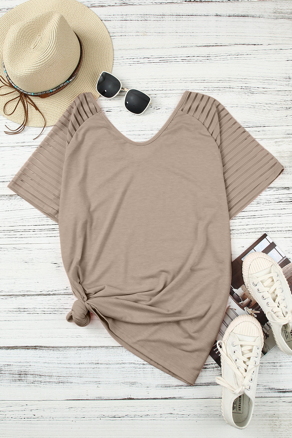 Plus Size Khaki Mesh Sleeve Short Sleeve Tee Women 1X–5X