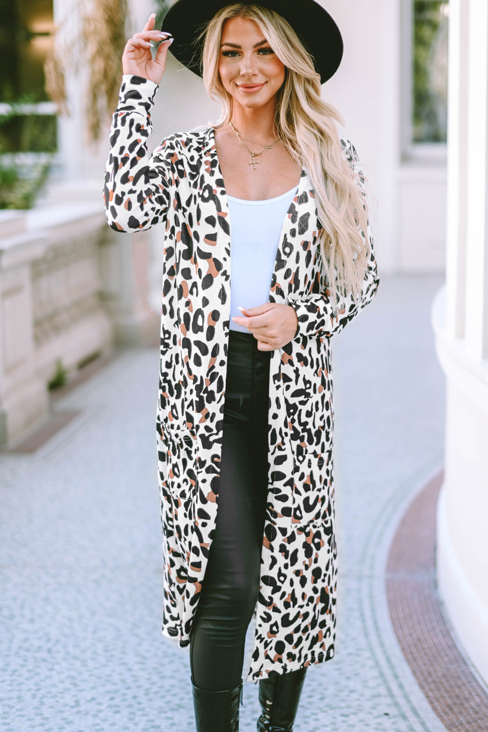 Leopard Print Open Front Maxi Cardigan with Pockets – Women S–XL