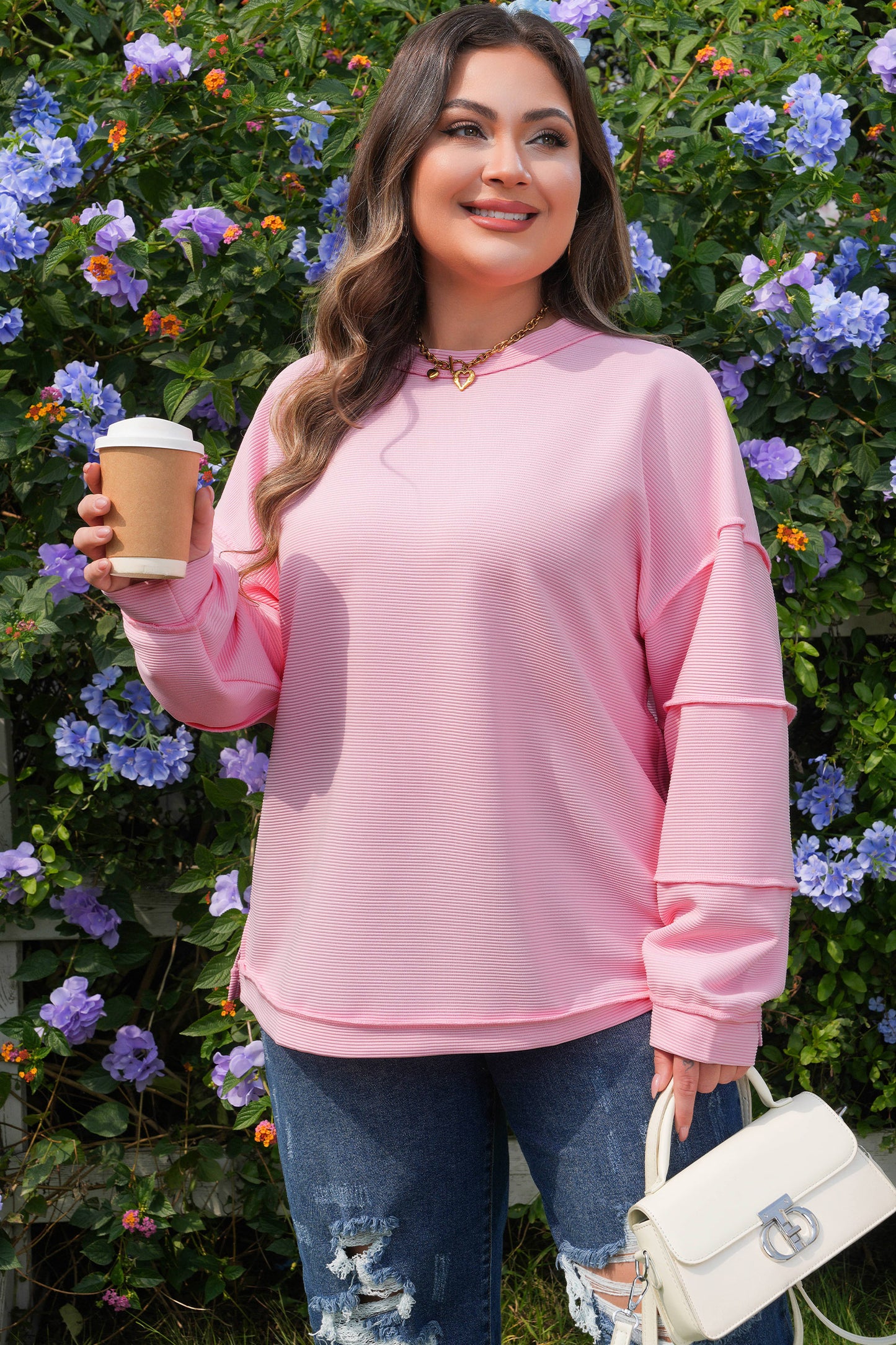 Plus Size Pink Ribbed Drop Shoulder Long Sleeve Top Women 1X–4X