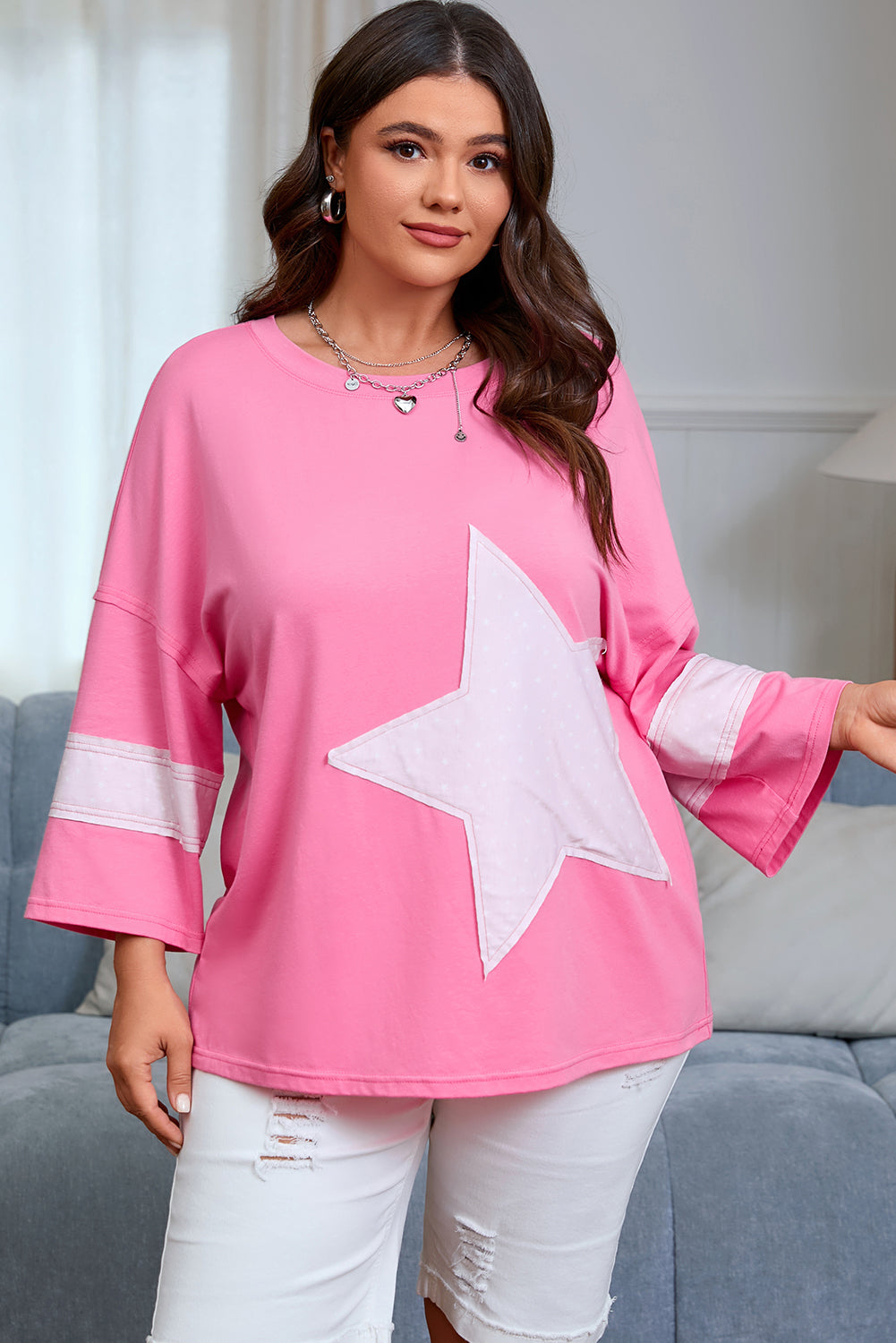 Star Patch Colorblock Raw Edge Loose Tee | Plus Size | Pink | 1X–4X