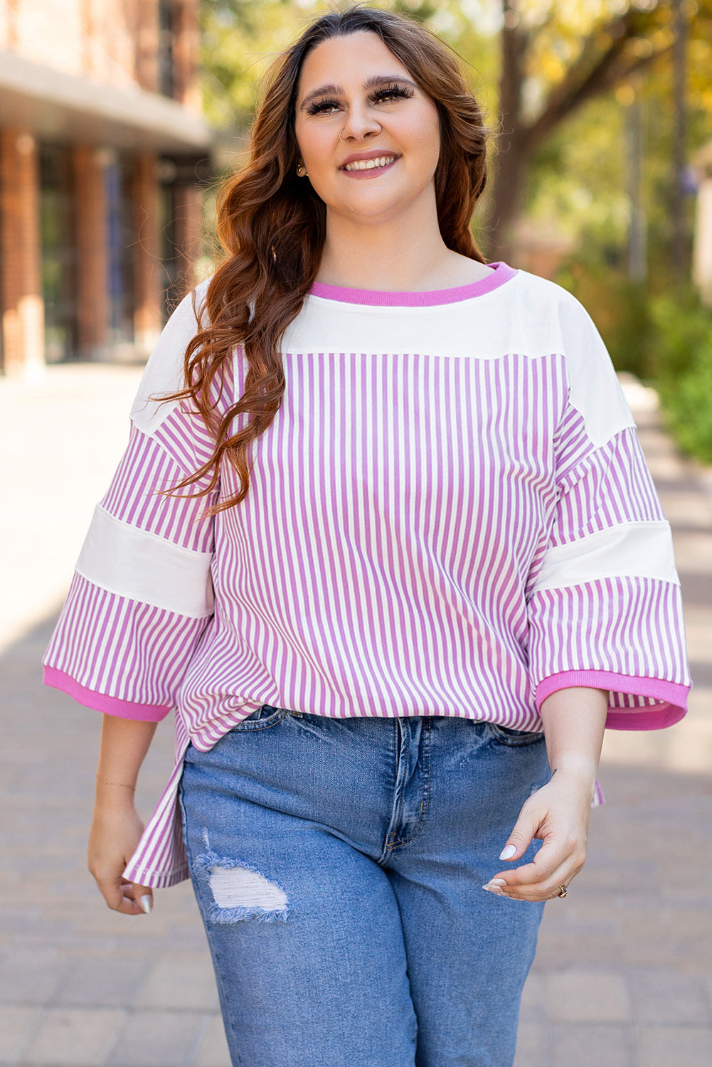 Stripe Patchwork Bracelet Sleeve T-Shirt | Plus Size | Pink Stripe | 1X–3X