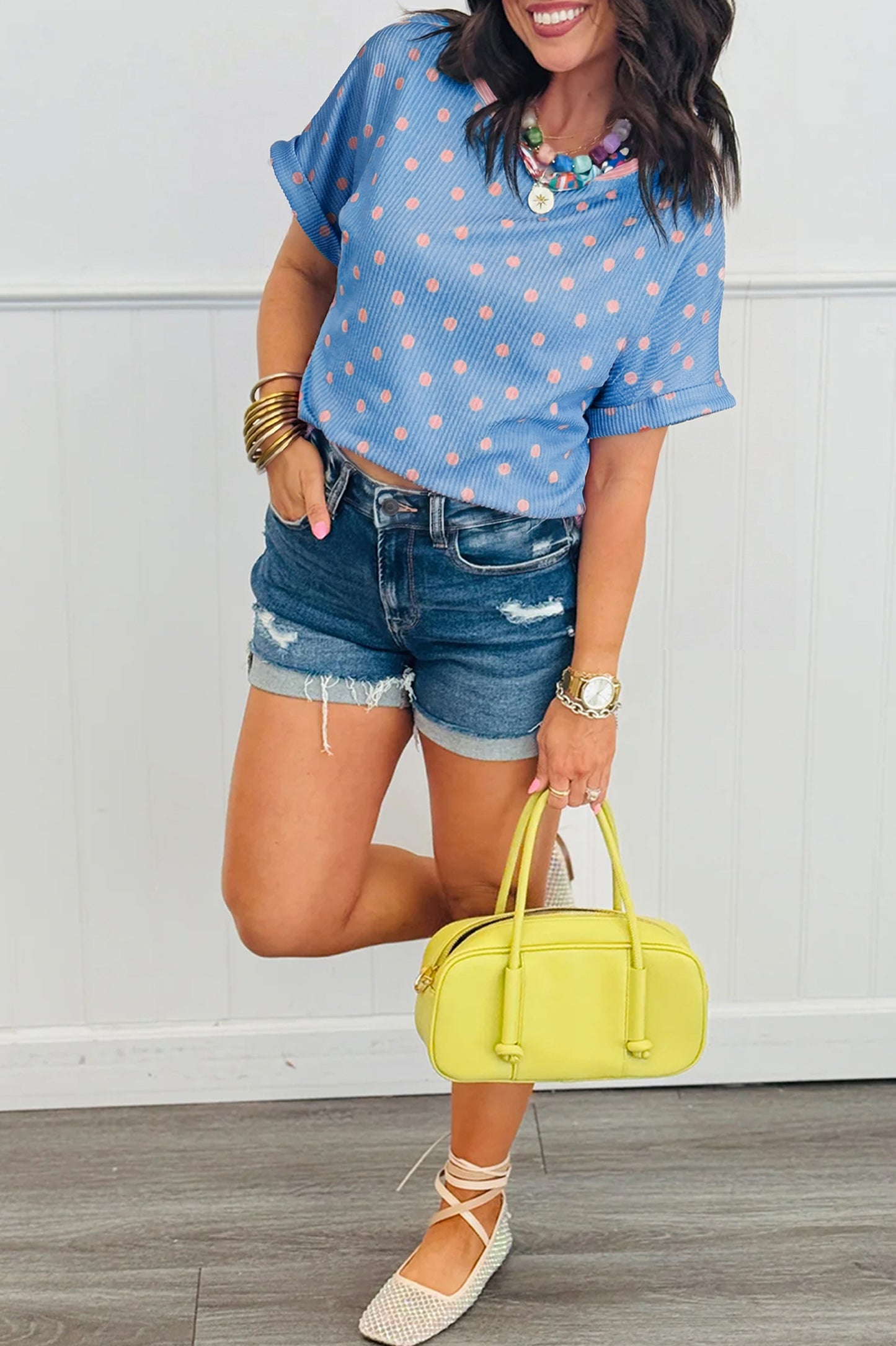 Light Blue Polka Dot Ribbed Short Sleeve Top Women S–XL