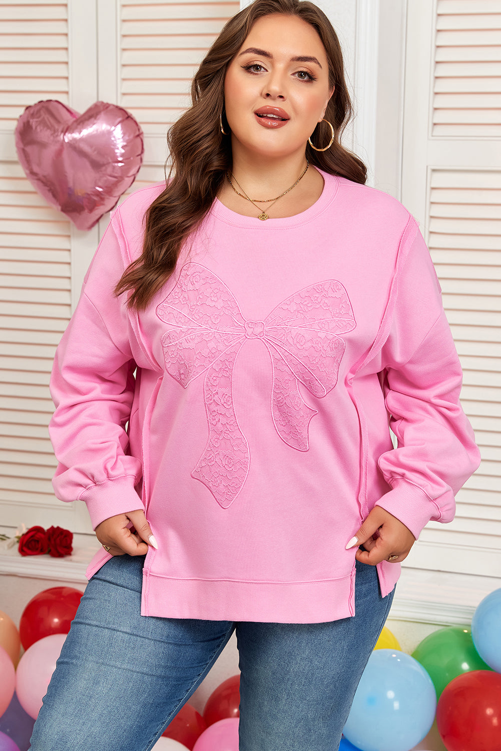 Lace Bow Dolman Sleeve Side Slit Ribbed Sweatshirt | Plus Size | Pink | 1X–4X