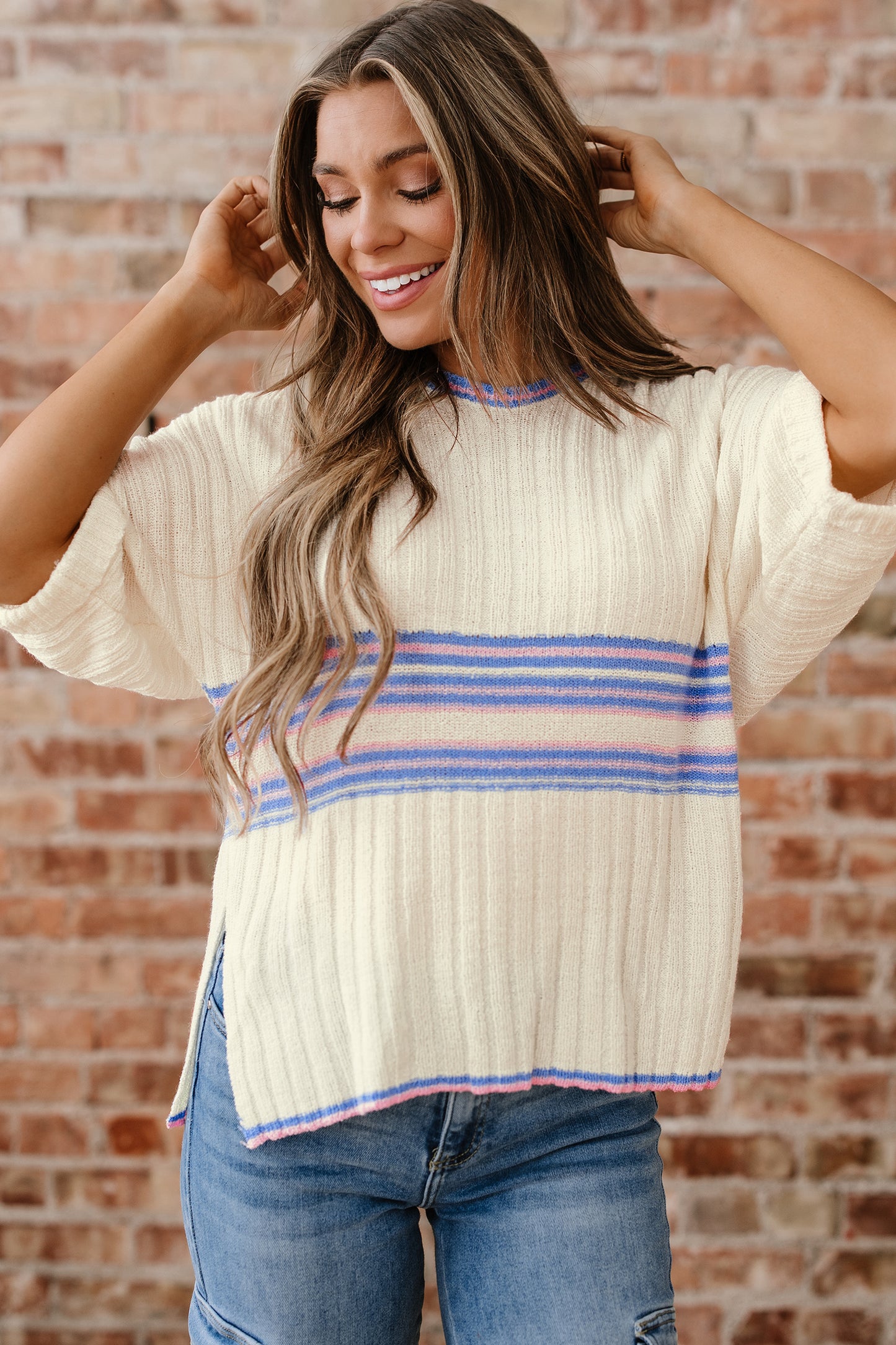 White Contrast Striped V-Neck Dolman Sleeve Ribbed Knit Oversized Tunic Sweater with Side Slits