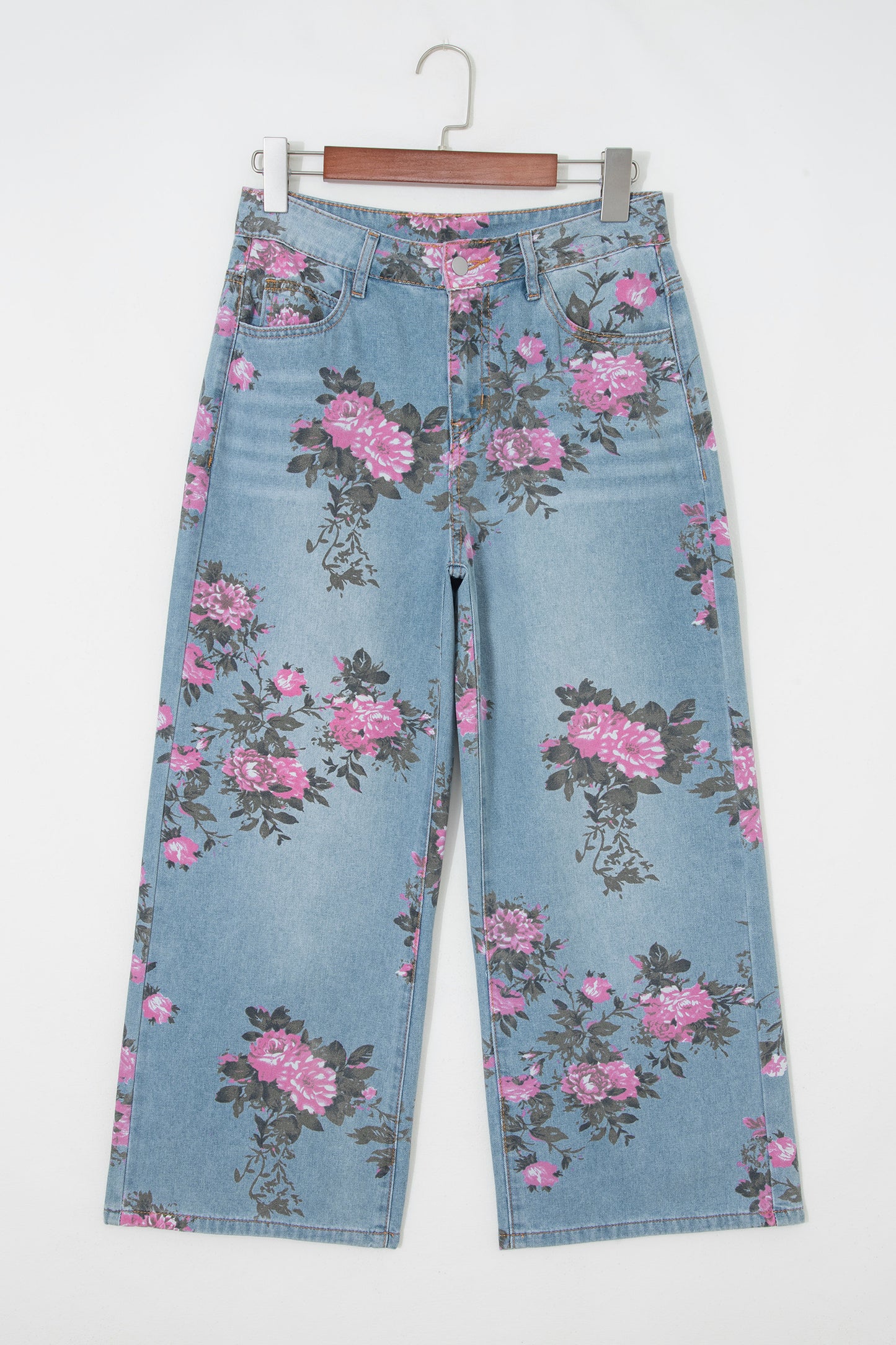 Light Blue Floral Print Cropped Wide Leg Jeans Women Size 4–16