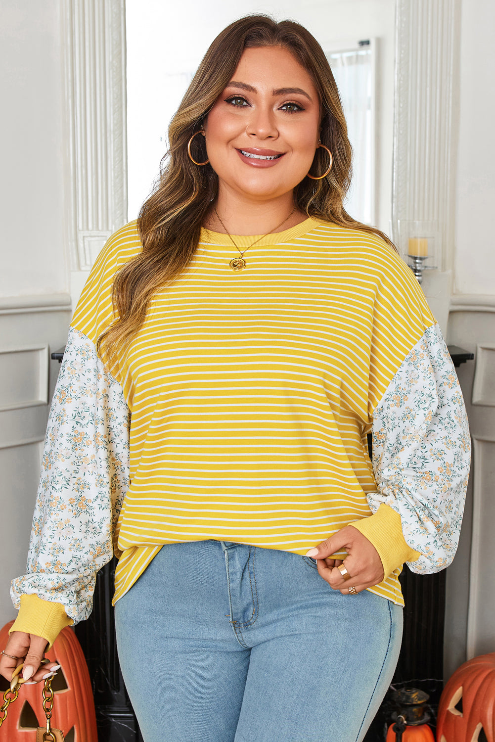 Striped Contrast Floral Sleeve Patchwork Top | Plus Size | Yellow Stripe | 1X–4X