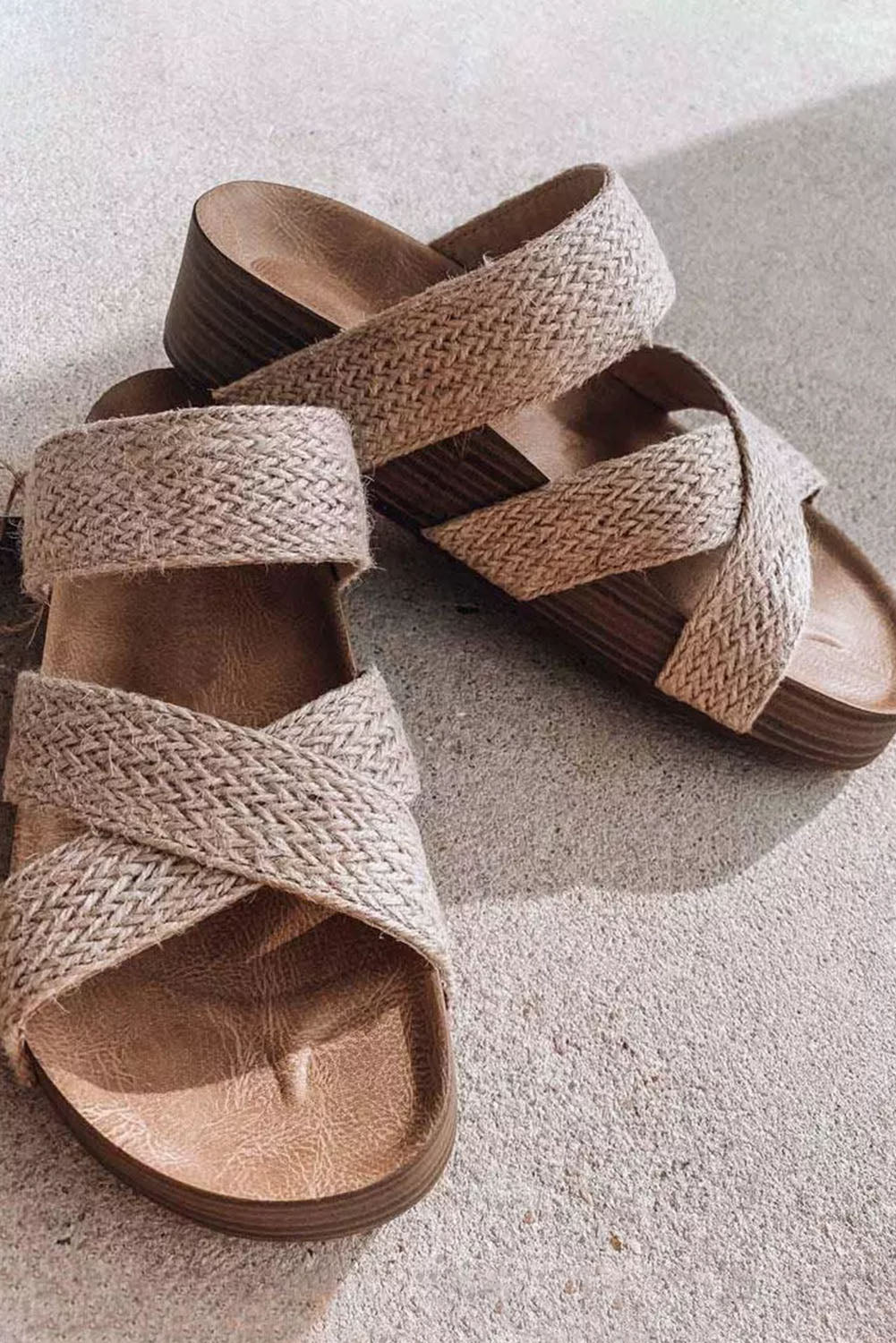 Beige Woven Crisscross Hollowed Platform Slides