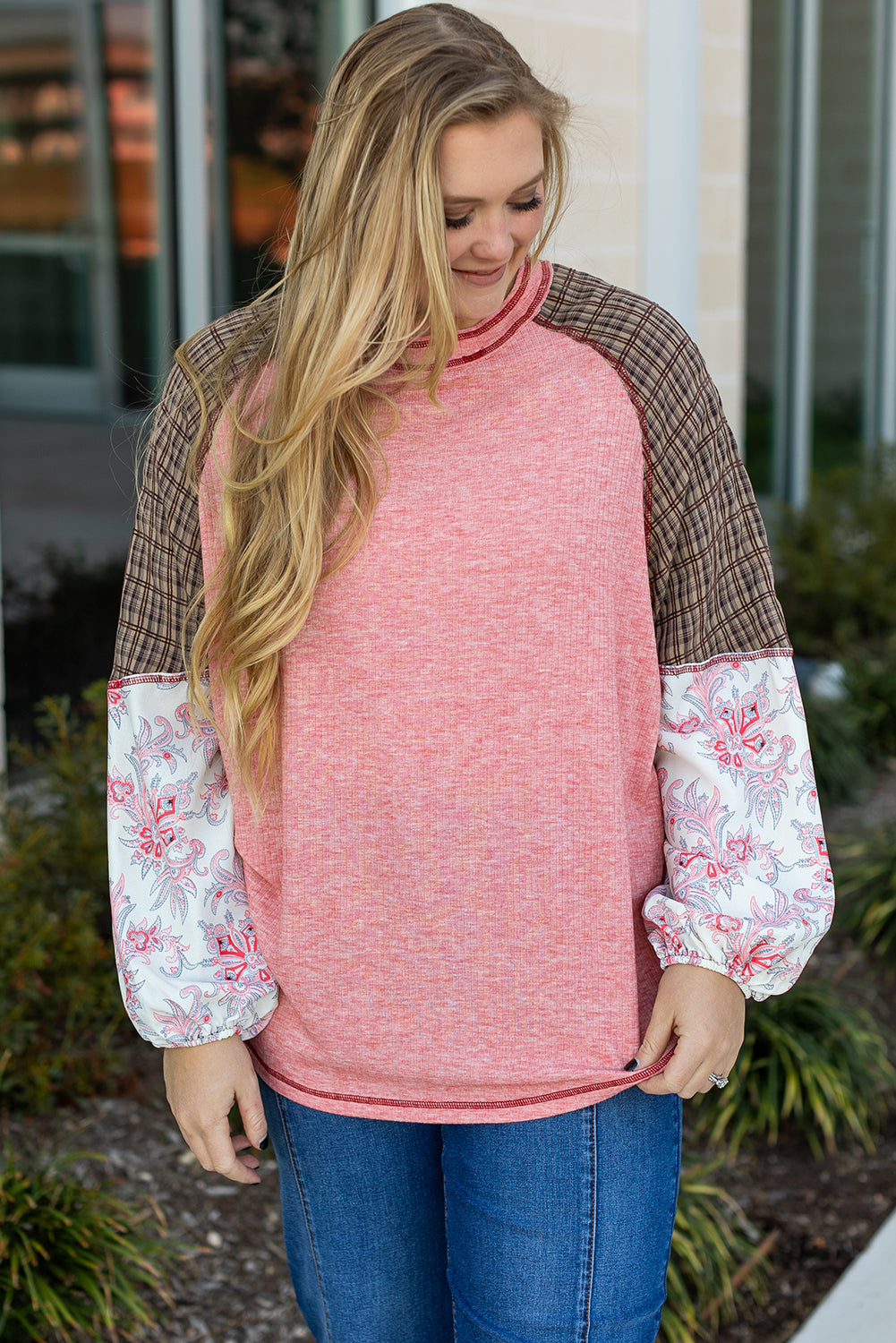 Paisley Patchwork Raglan Sleeve Ribbed Knit Top – Pink Plus Size 1X–4X