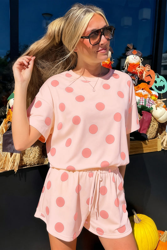 Polka Dot Drop Shoulder Tee & Drawstring Shorts Set