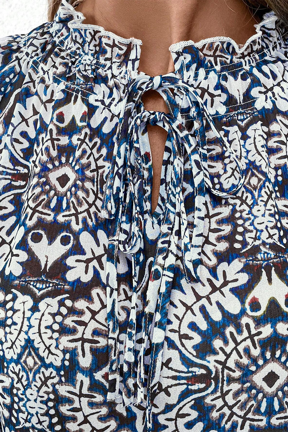 Tribal Print Lace-Up Frilled Neck Puff Sleeve Blouse