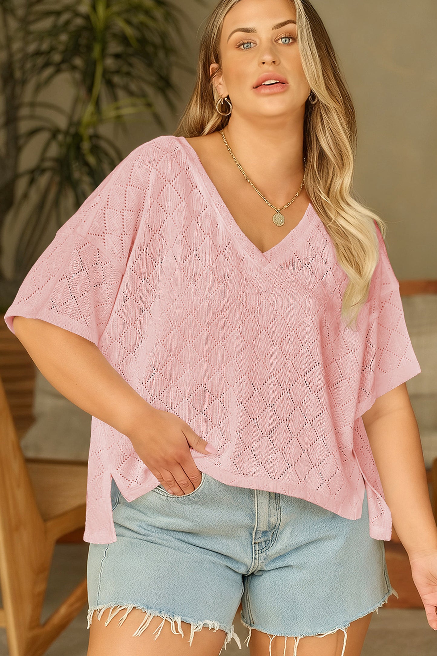 Lightweight Knit V-Neck Short Sleeve Top – Plus Size Black Light Pink Beige Blue L–4X