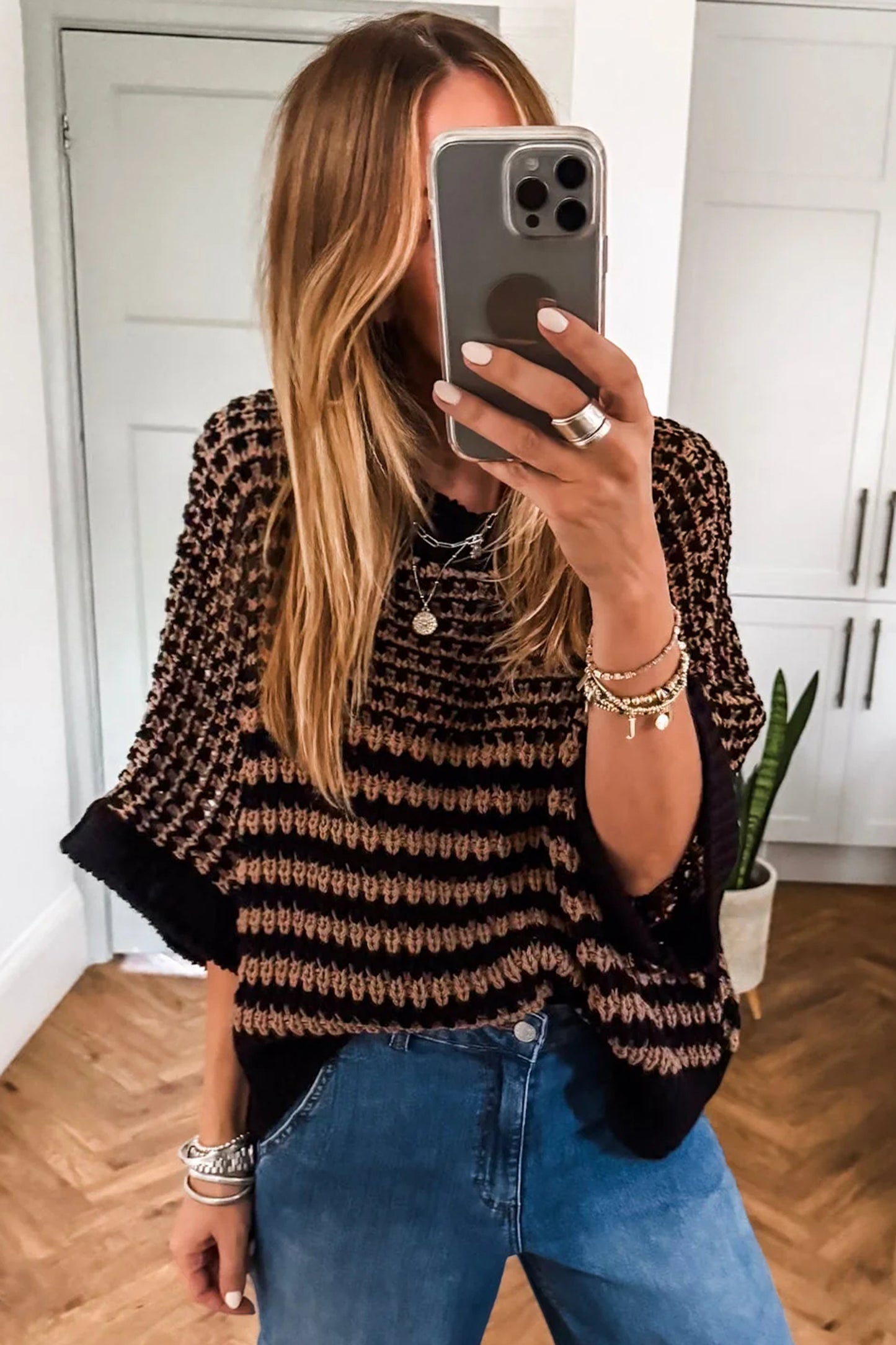 Striped Slouchy Sweater with 3/4 Draped Sleeves | Black Stripe