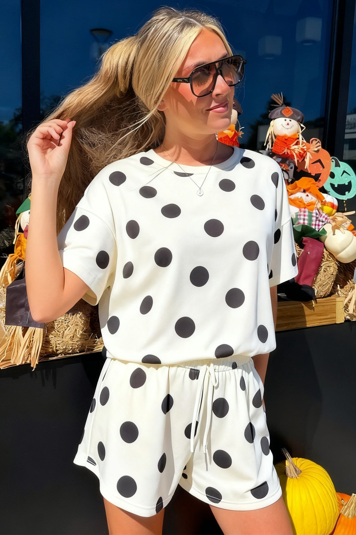 Polka Dot Drop Shoulder Tee & Drawstring Shorts Set