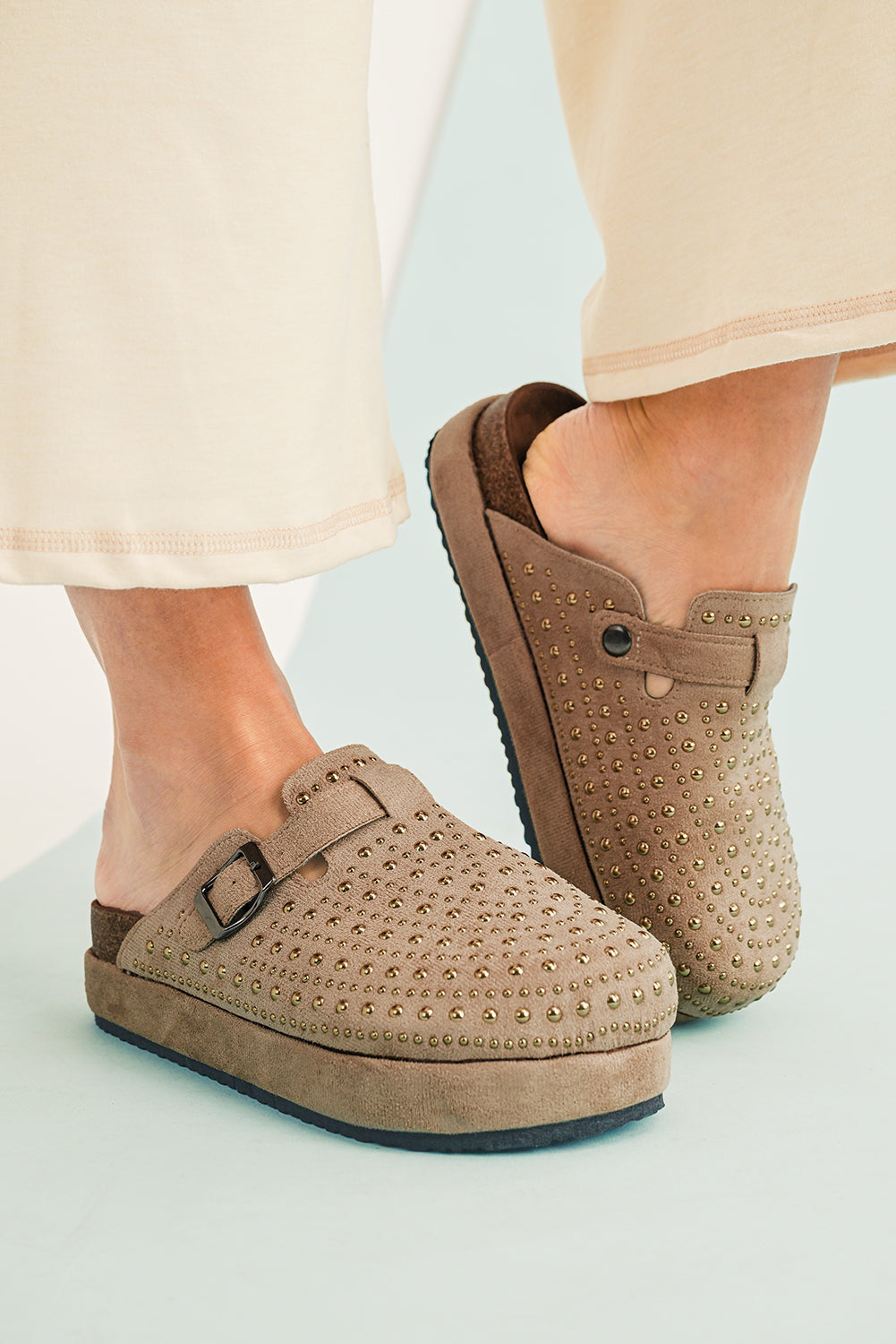 Cream Rivet Buckle Closed Toe Platform Sandals