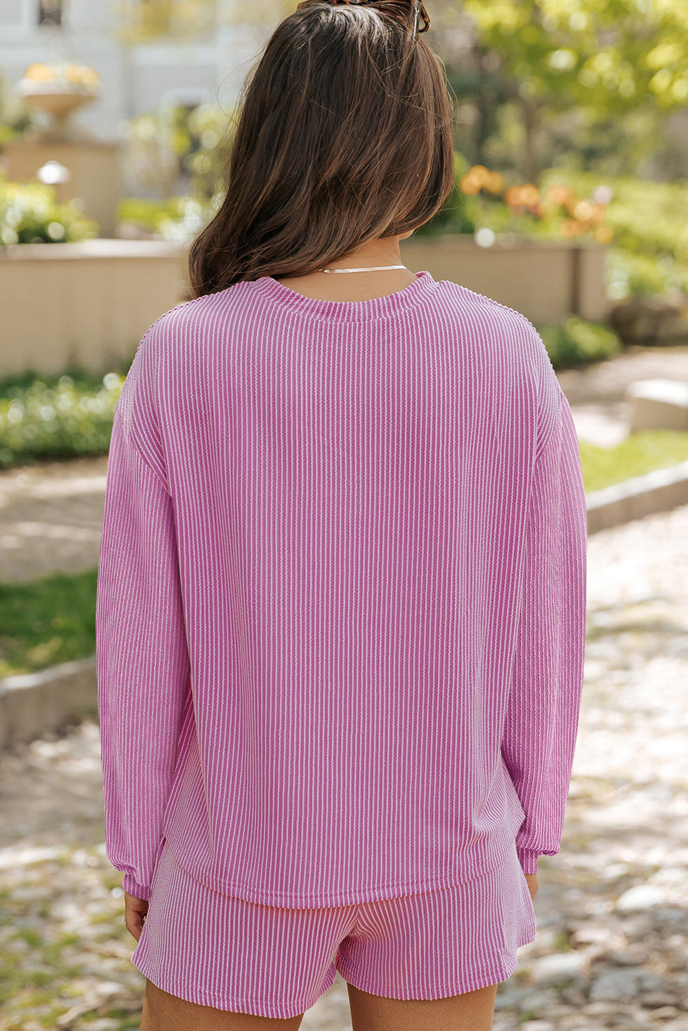 Corded Knit Long Sleeve Top High Waist Shorts Set