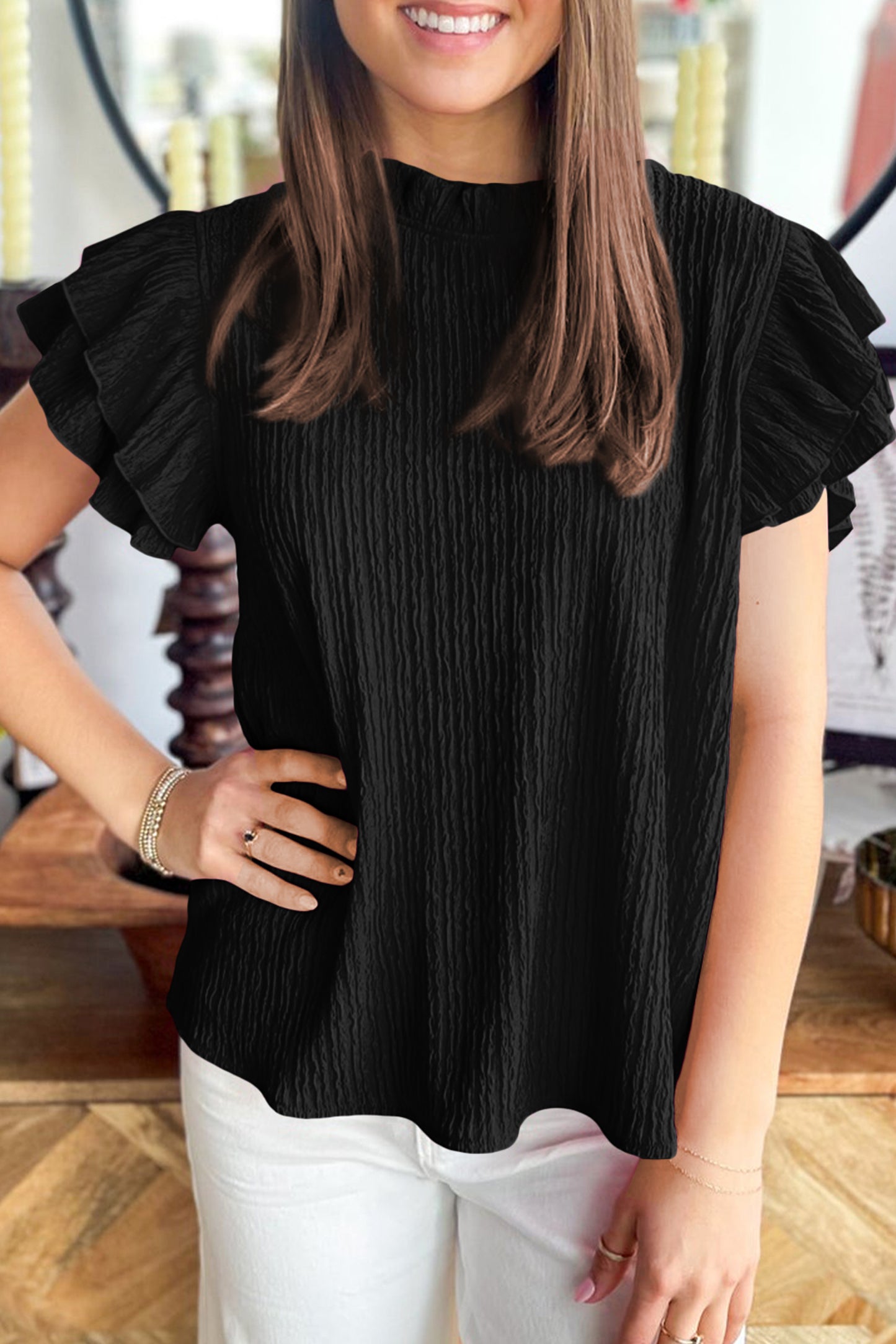 Womens Ruffle Trim Textured Blouse S–XL