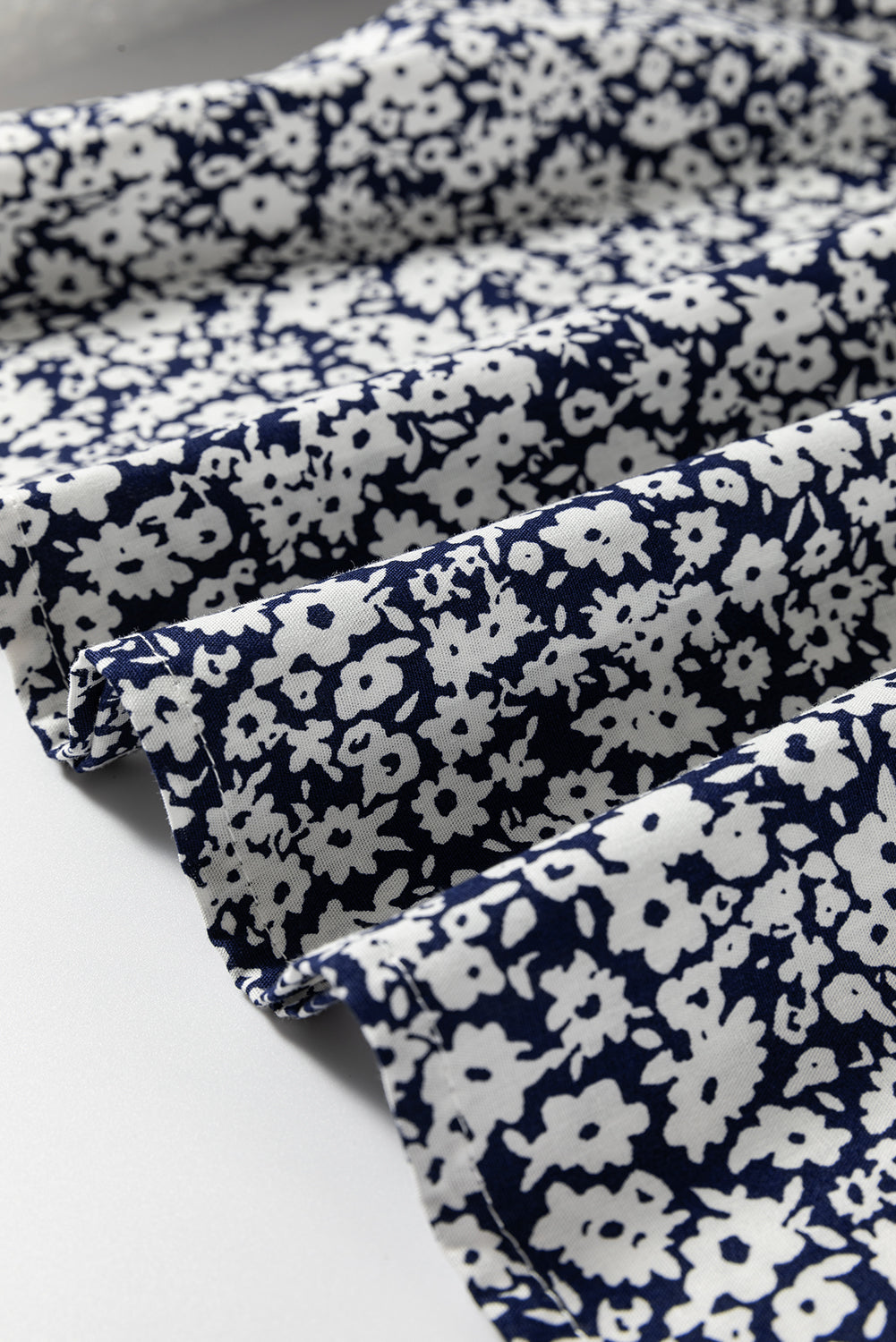 Blue Floral Print Notched V-Neck Puff Sleeve Blouse