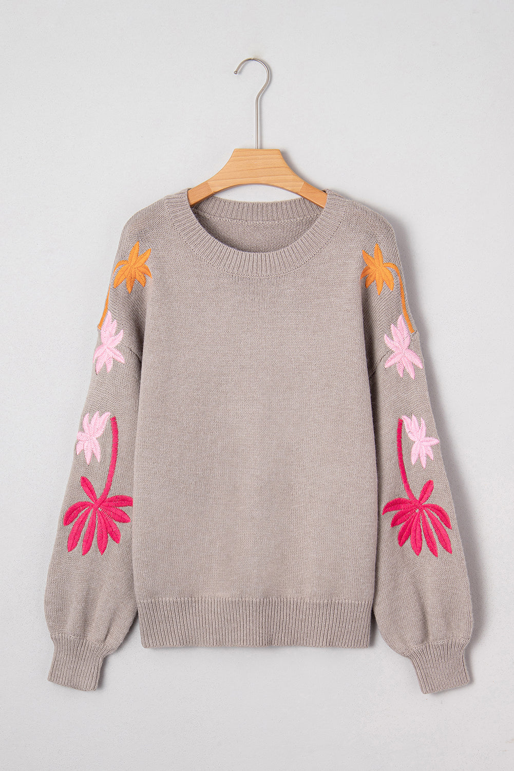 Embroidered Floral Sleeve Round Neck Loose Knit Sweater