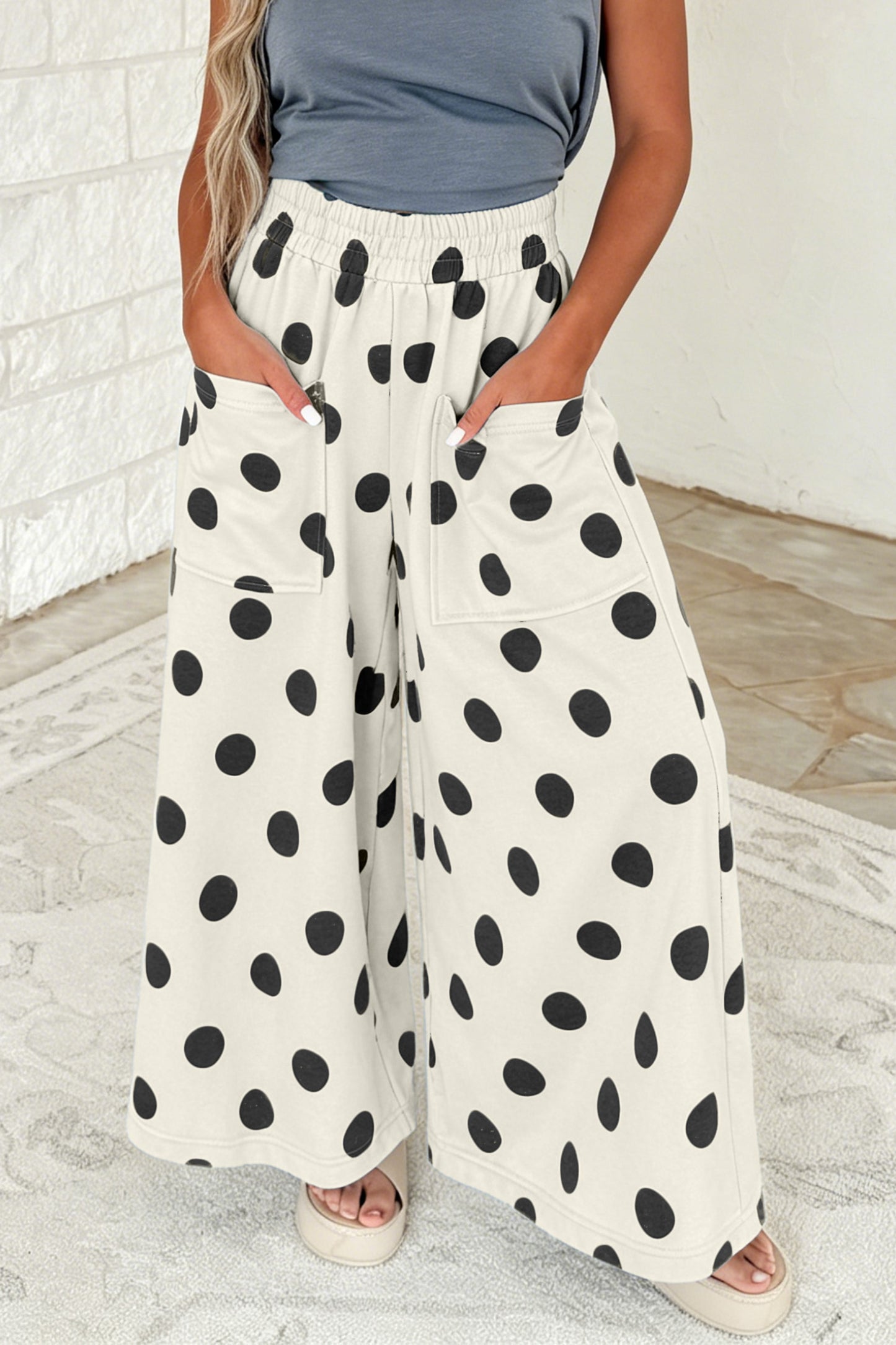 Women's Polka Dot Wide Leg Elastic Waist Pants S to XL