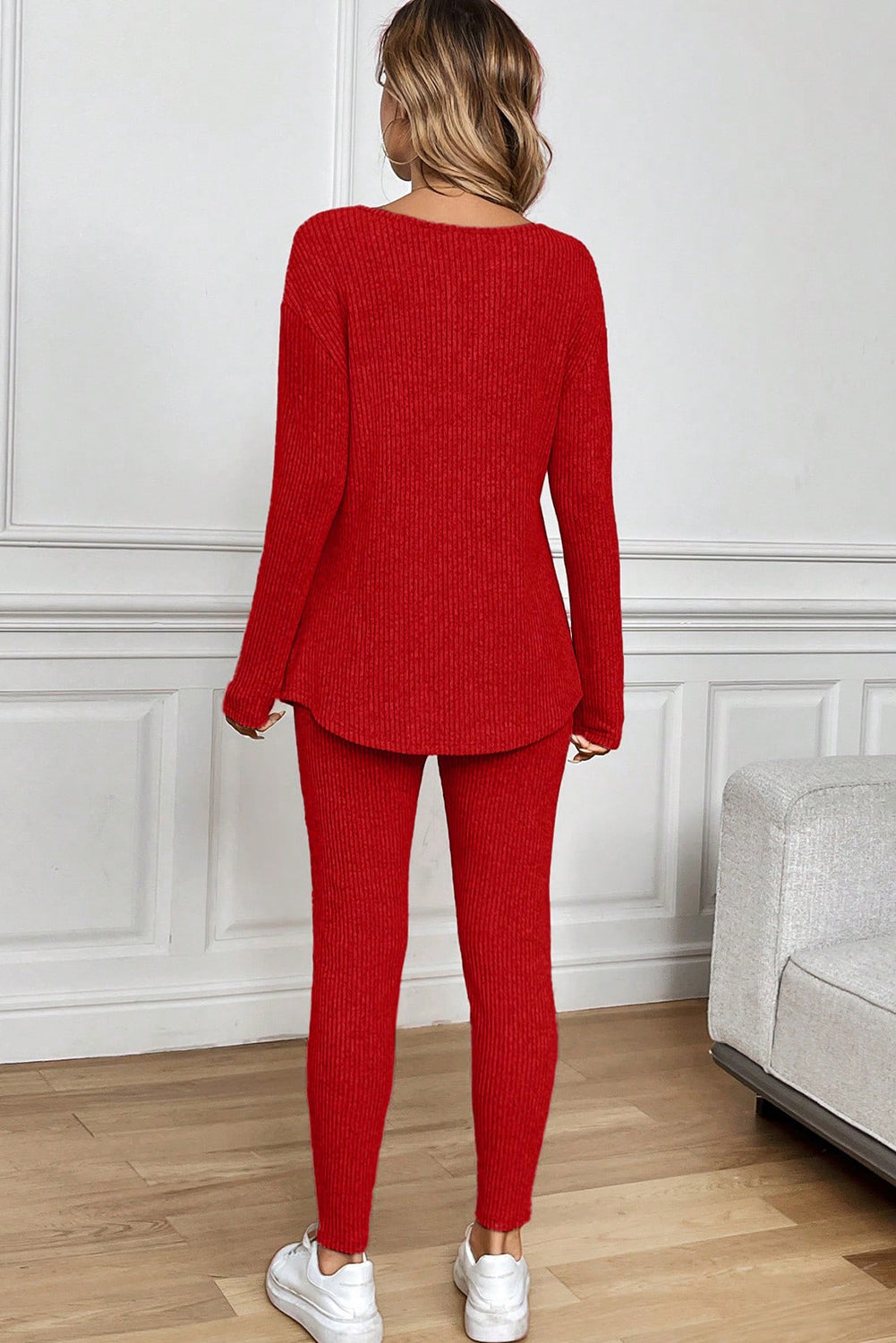 Ribbed Notched Neck Long Sleeve Top & Leggings Lounge Set
