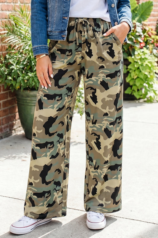Womens Green Camo Wide Leg Drawstring Pants S to XL