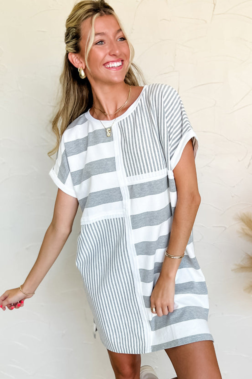 Grey Stripe Mixed Print Short Sleeve Shift Mini Dress | S–XL