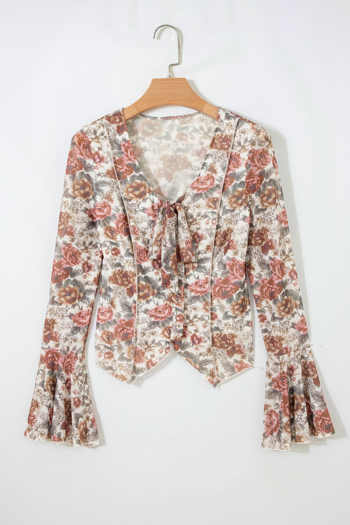 Floral Print Tie Front V-Neck Bell Sleeve Blouse – Women S–XL
