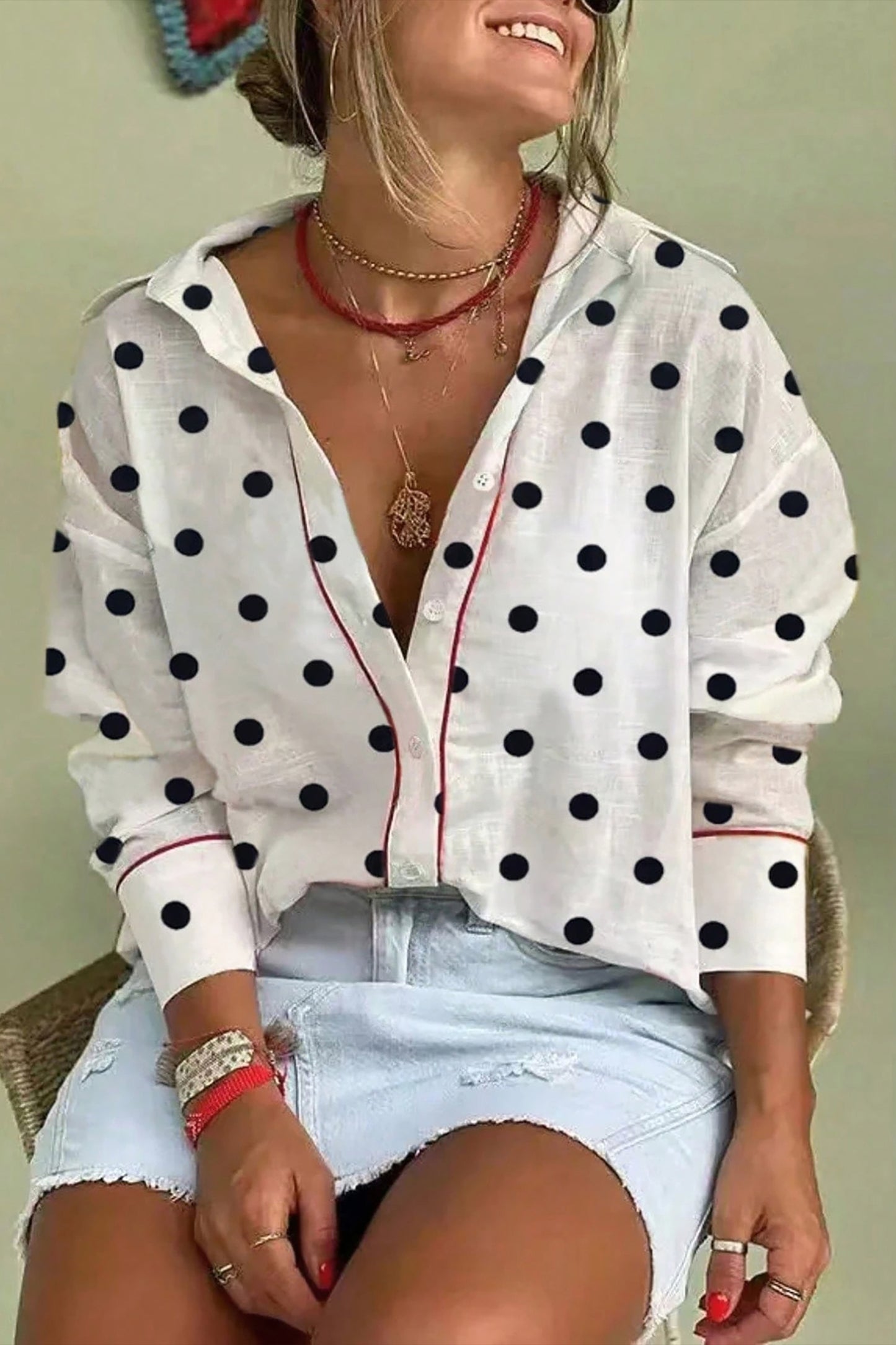 Polka Dot Contrast Piping 3/4 Sleeve Viscose Shirt