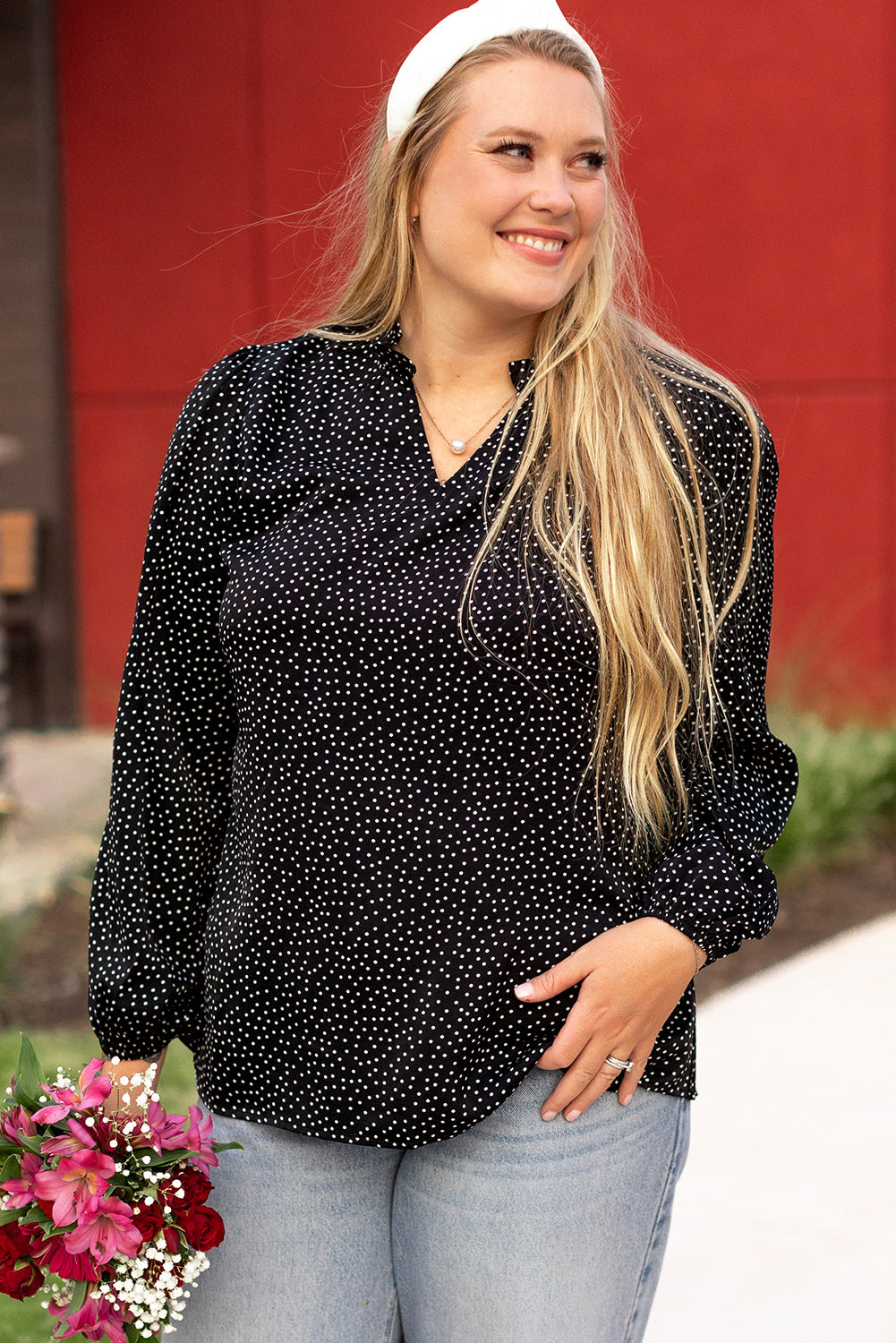 Pin Dot Notch V-Neck Puff Sleeve Blouse | Plus Size | Black & White | 1X–4X