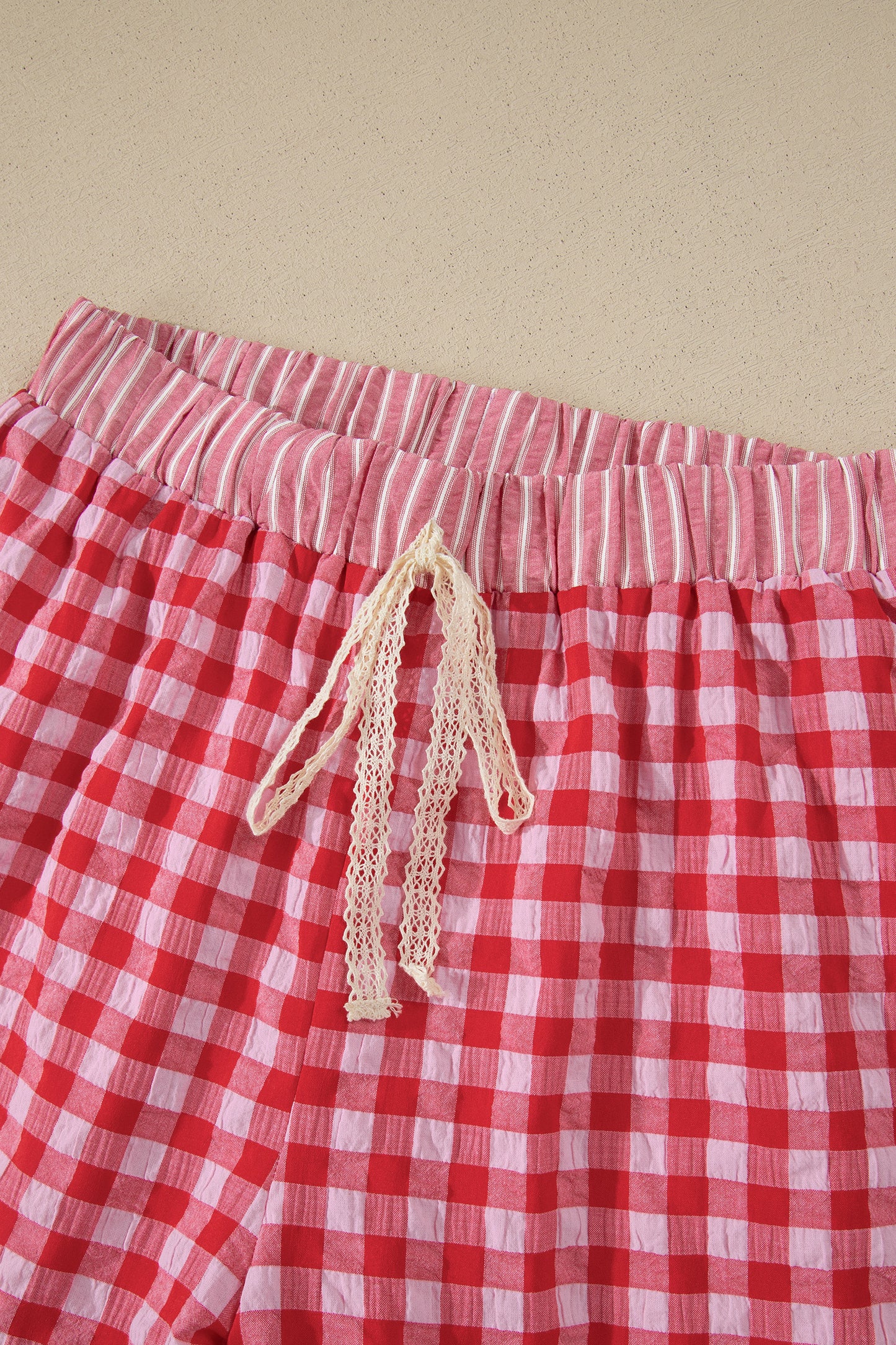 Plaid Print Ruffle Shorts with Striped Detail & Lace Tie | Women S–XL