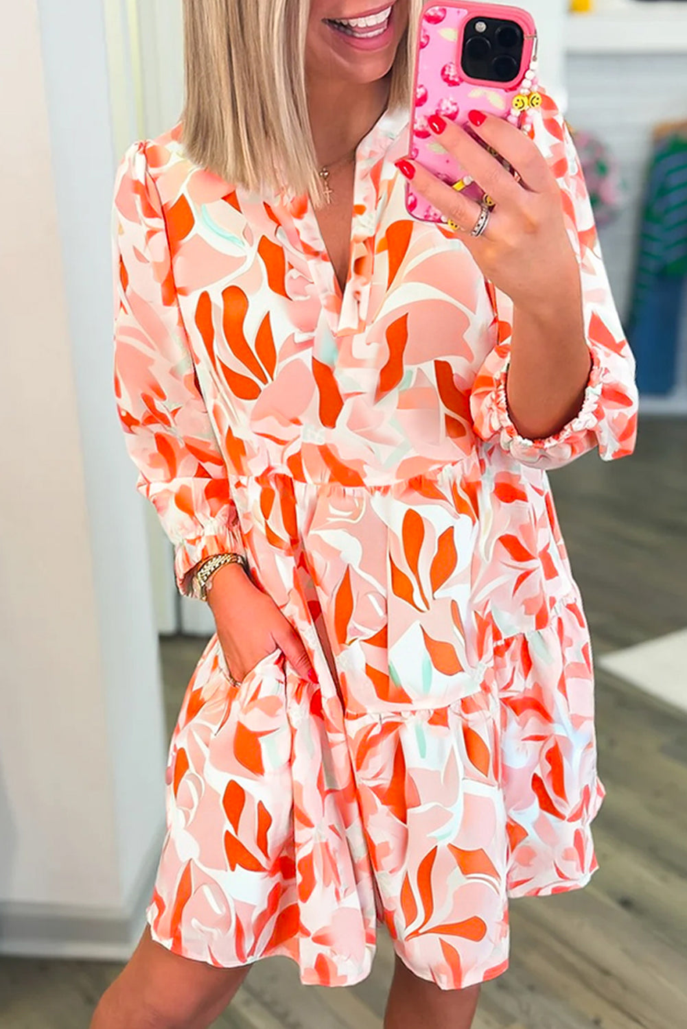Orange Abstract Print Long Sleeve Midi Dress Women S–XL