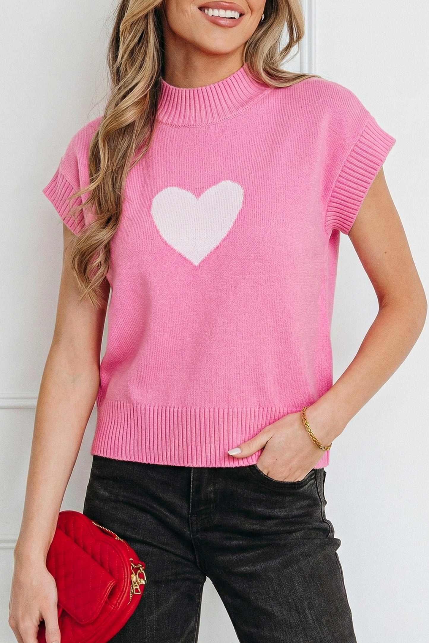 Heart Graphic Cropped Short Sleeve Sweater