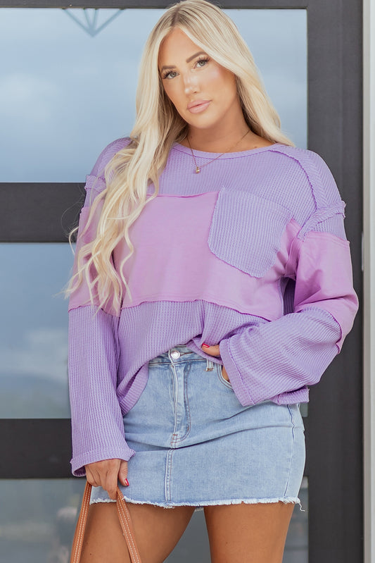 Thermal Knit Waffle Patchwork Long Sleeve Top | Purple/Violet
