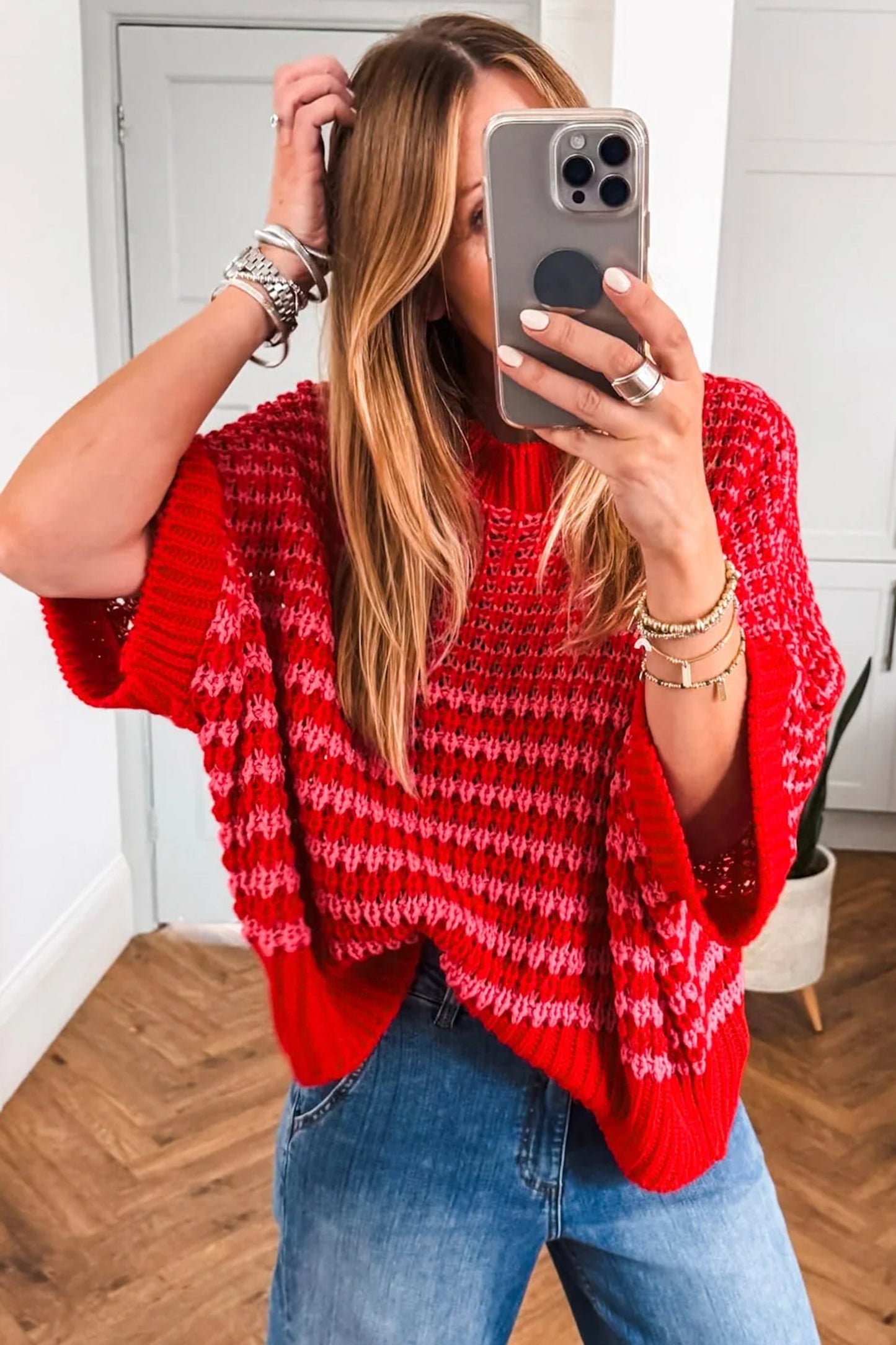 Striped Slouchy Sweater with 3/4 Draped Sleeves | Red Stripe
