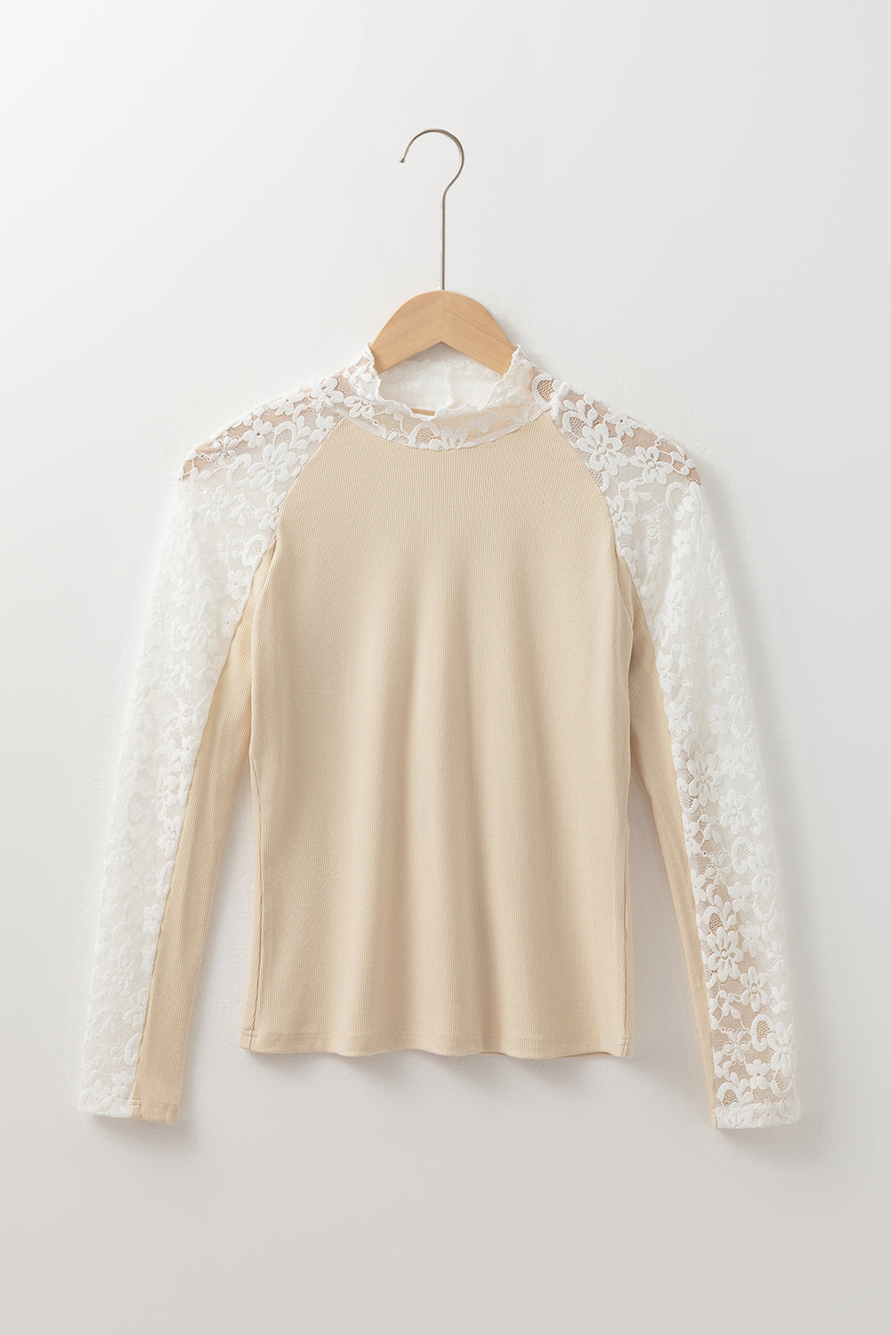 Floral Lace Patchwork High Neck Long Sleeve Slim Top | Beige