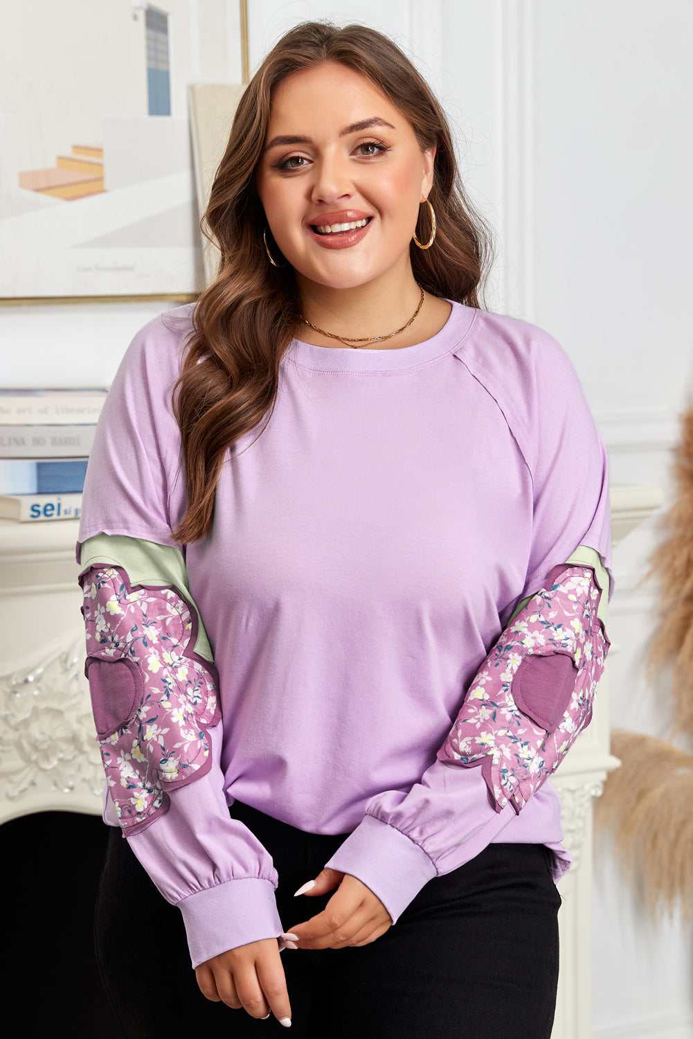 Flower Patch Colorblock Long Sleeve Pullover | Plus Size | Lavender | 1X–4X