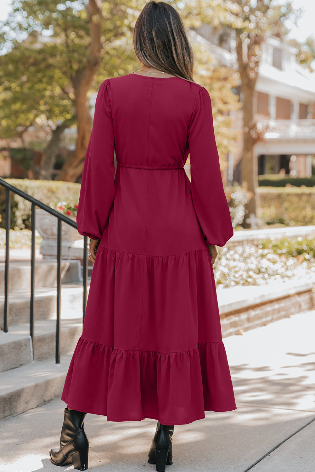 Solid Long Sleeve Button V-Neck Tiered Drawstring Waist Maxi Dress