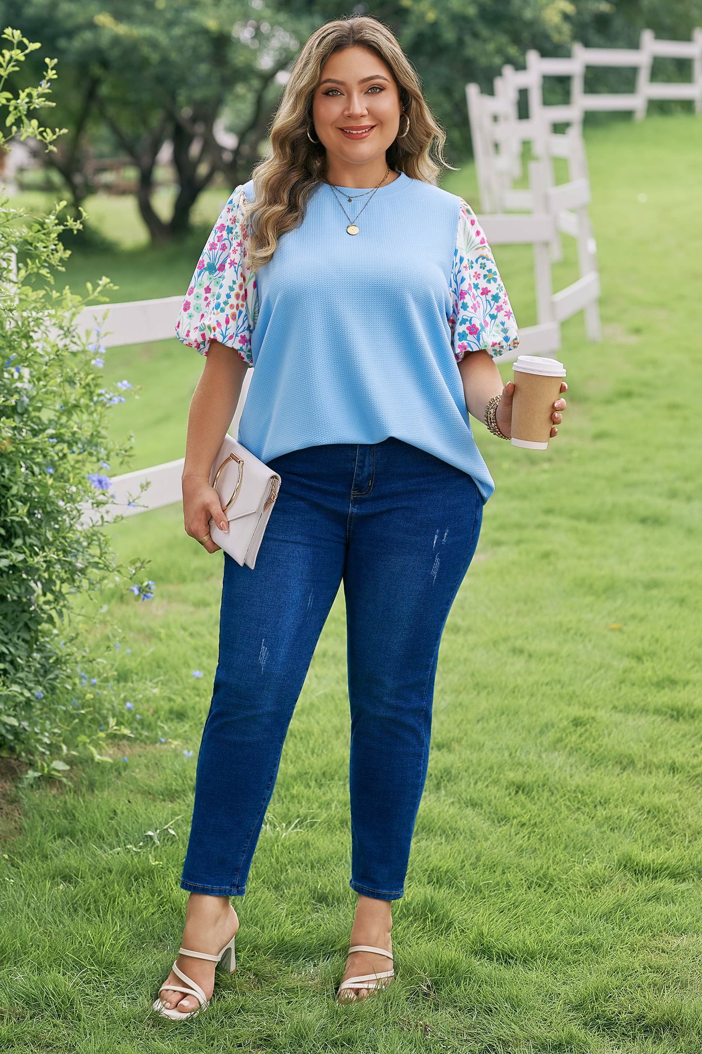 Womens Plus Size Light Blue Floral Sleeve Top 1X–4X