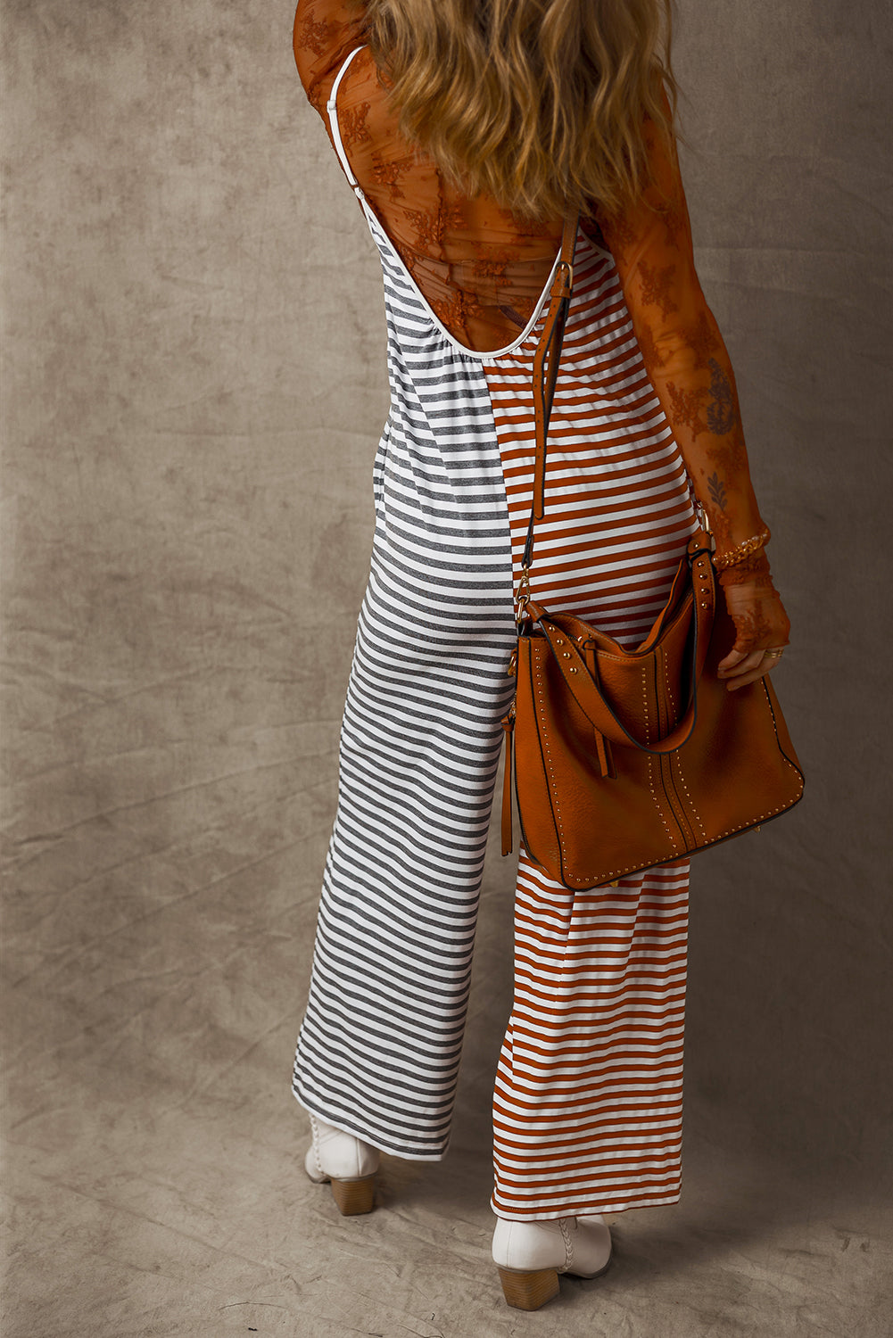Khaki Stripe Two Tone Contrast Spaghetti Strap Backless Jumpsuit