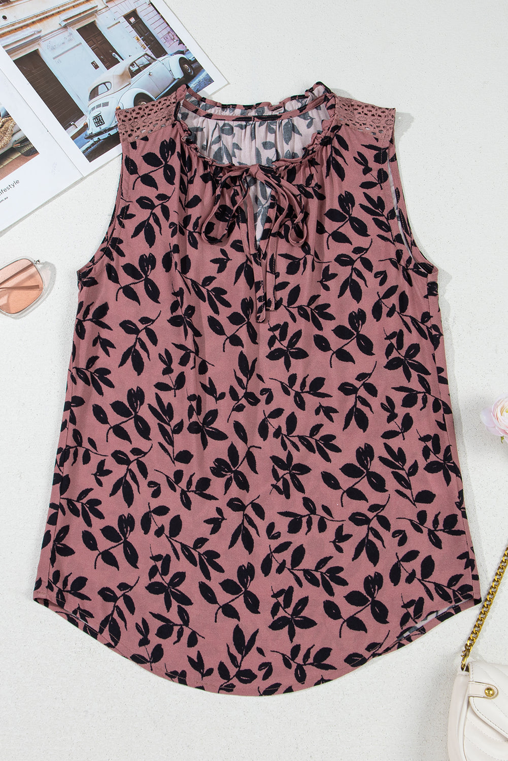 Leaf Print Lace-Up V-Neck Crinkled Tank Top – Women's Boho Summer Top (S–XL)