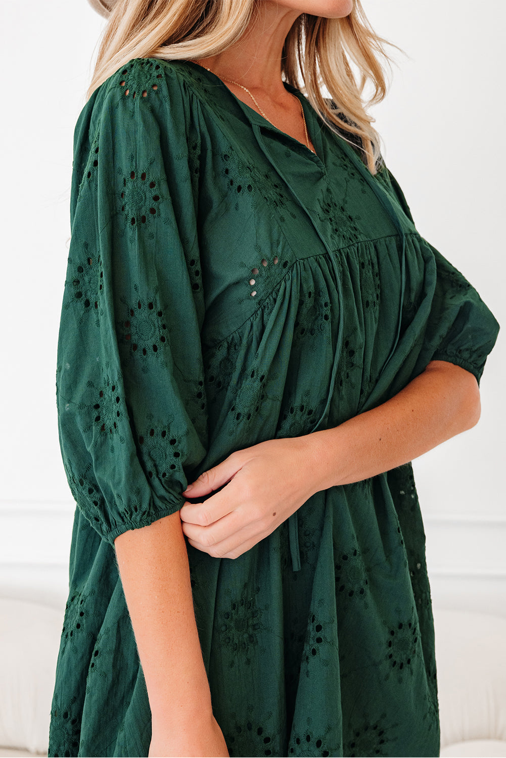 Green Embroidered Eyelet Pattern 3/4 Puffy Sleeve Swing Mini Dress