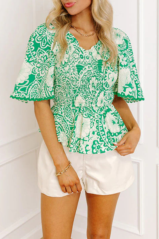 Abstract Print Ruffle V-Neck Blouse with Scalloped Hem | Green