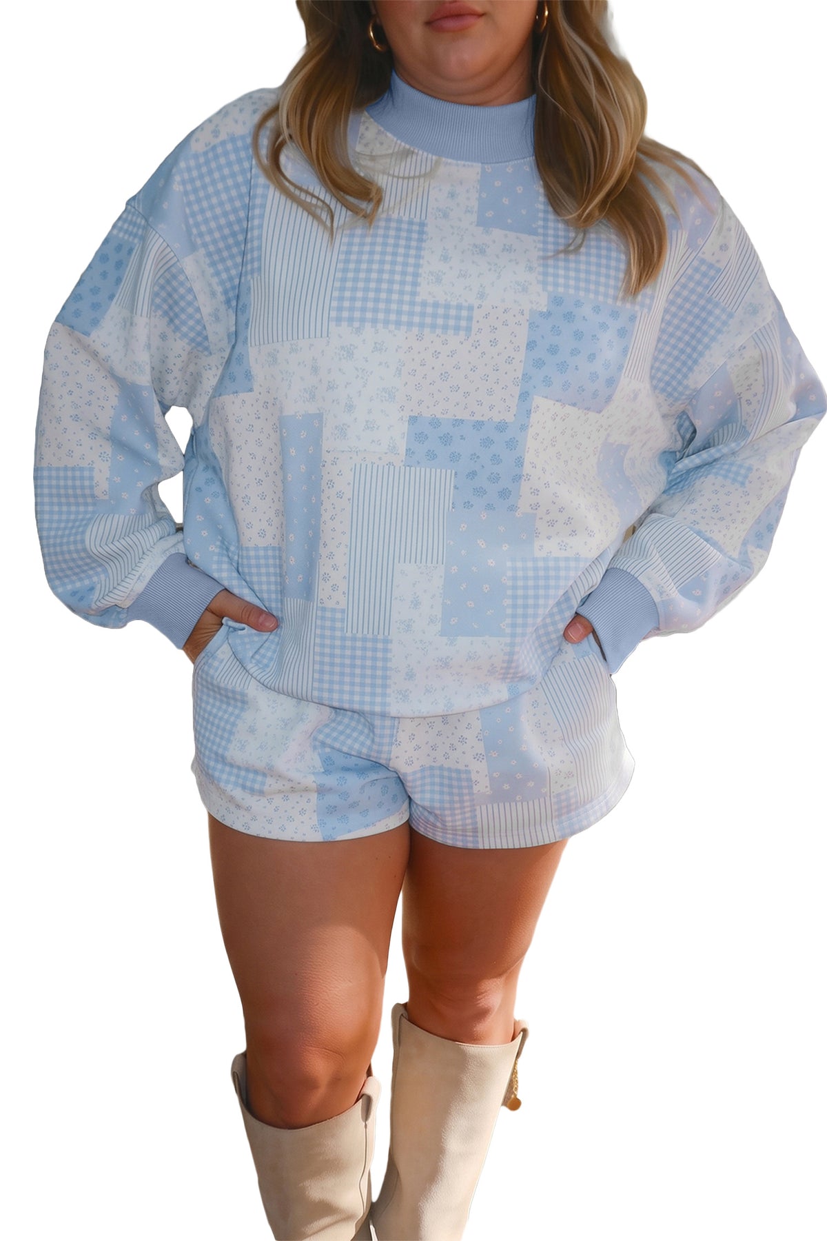 Womens Plus Size Light Blue Floral Patchwork Top and Shorts Set 1X to 4X