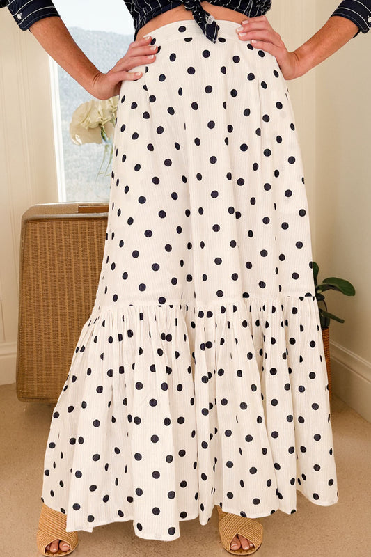 White Polka Dot Ruffle Maxi Skirt Women S–XL
